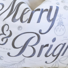 Merry & Bright Christmas Throw Pillow – 14x20" White and Silver Embroidered Velvet Lumbar Cushion