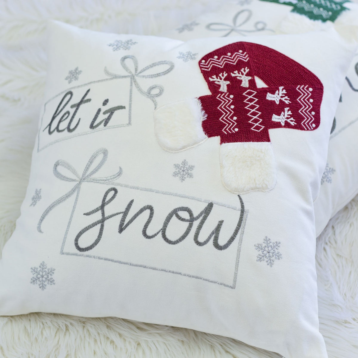 Let It Snow Christmas Throw Pillow – 20x20" Square Cotton Cushion with Red Knit Hat Design and Insert