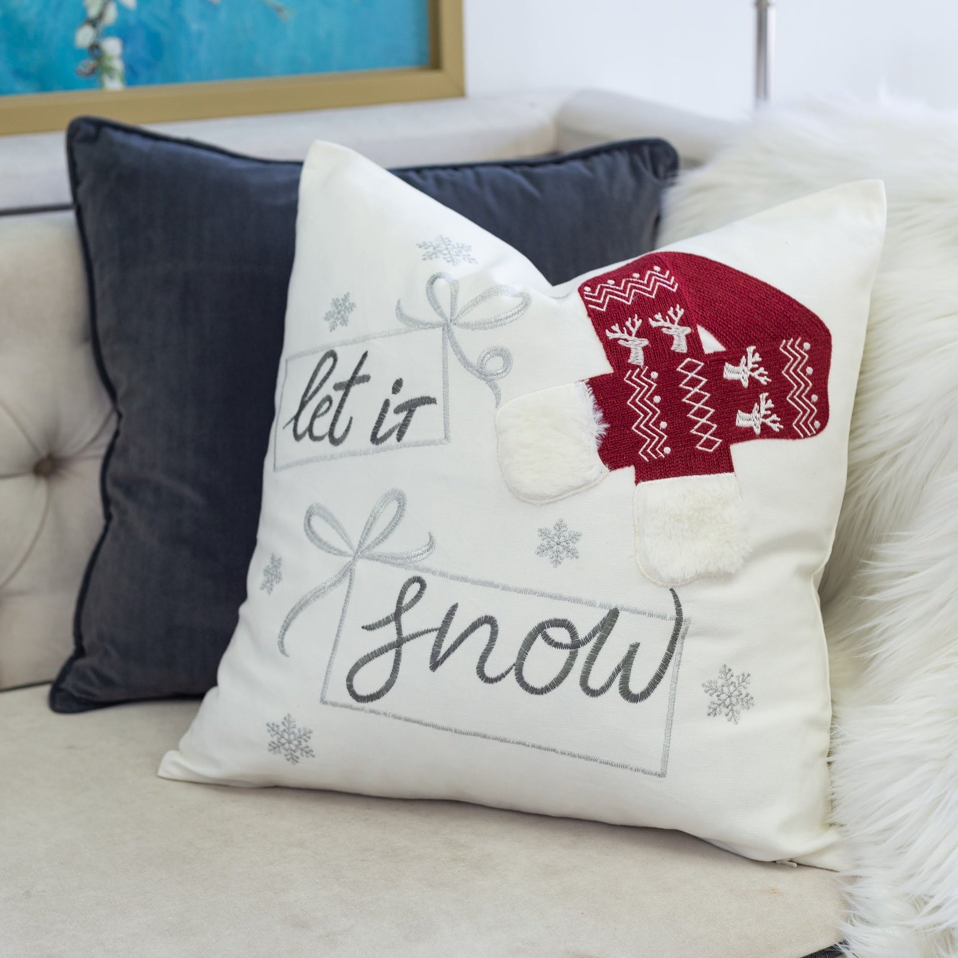 Let It Snow Christmas Throw Pillow – 20x20" Square Cotton Cushion with Red Knit Hat Design and Insert