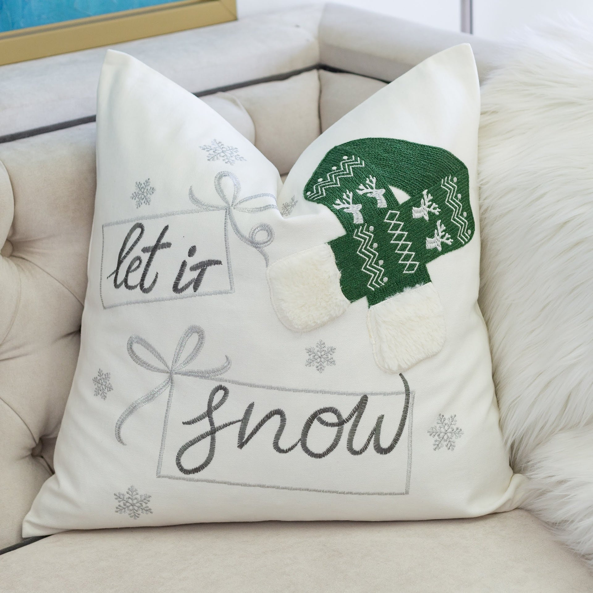 Let It Snow Christmas Throw Pillow – 20x20" Square Cotton Cushion with Green Knit Hat Design and Insert