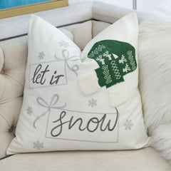 Let It Snow Christmas Throw Pillow – 20x20" Square Cotton Cushion with Green Knit Hat Design and Insert