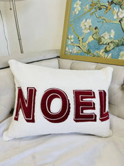 Noel Christmas Throw Pillow with Insert – 14x20" White Sherpa Accent Cushion in Red and Ivory