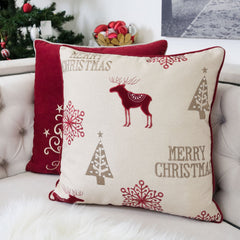 Merry Christmas Embroidered Poly Linen Throw Pillow – 20x20" Holiday Cushion with Reindeer, Trees & Snowflakes