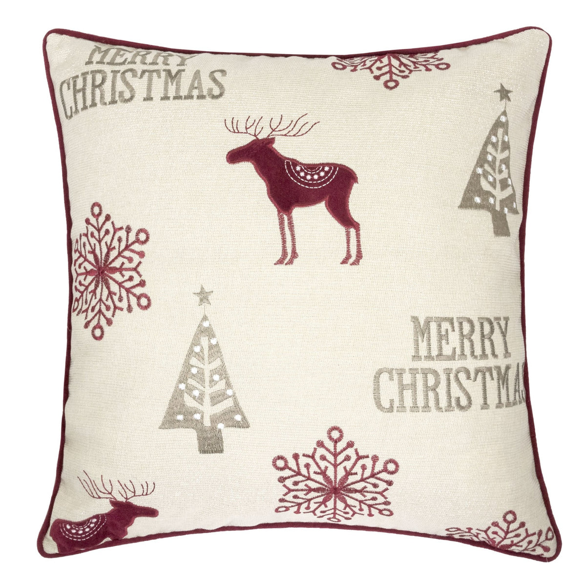 Merry Christmas Embroidered Poly Linen Throw Pillow – 20x20" Holiday Cushion with Reindeer, Trees & Snowflakes