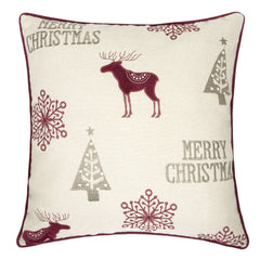 Merry Christmas Embroidered Poly Linen Throw Pillow – 20x20" Holiday Cushion with Reindeer, Trees & Snowflakes