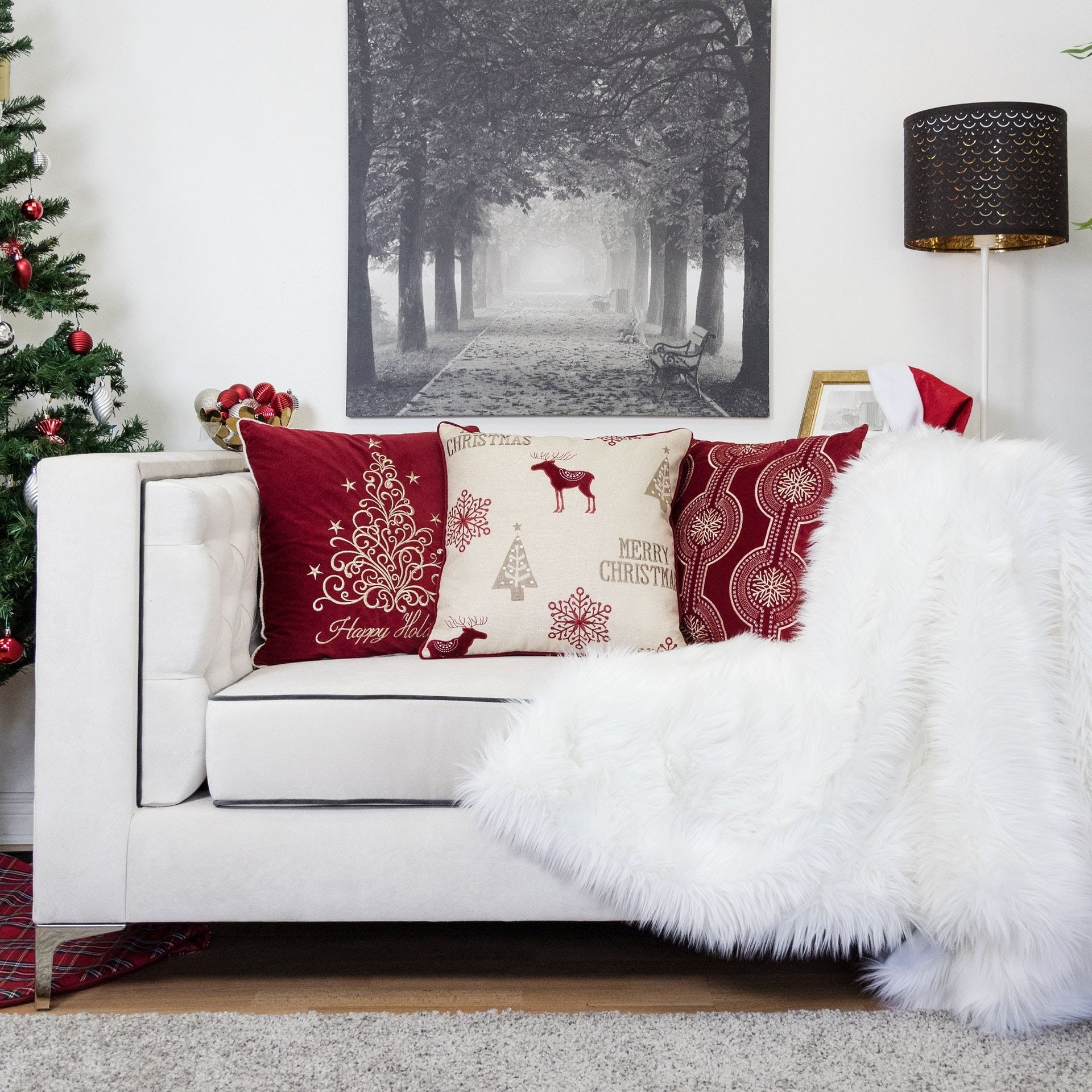 Merry Christmas Embroidered Poly Linen Throw Pillow – 20x20" Holiday Cushion with Reindeer, Trees & Snowflakes