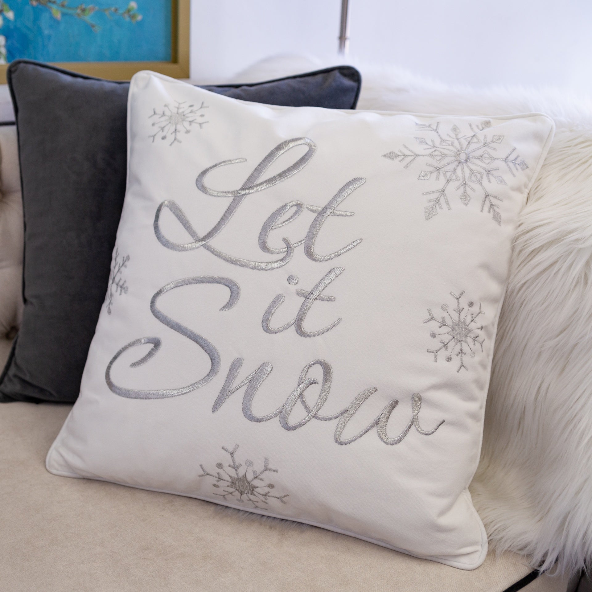Let It Snow Embroidered Cotton Throw Pillow – 20x20" White Christmas Cushion with Snowflakes & Insert