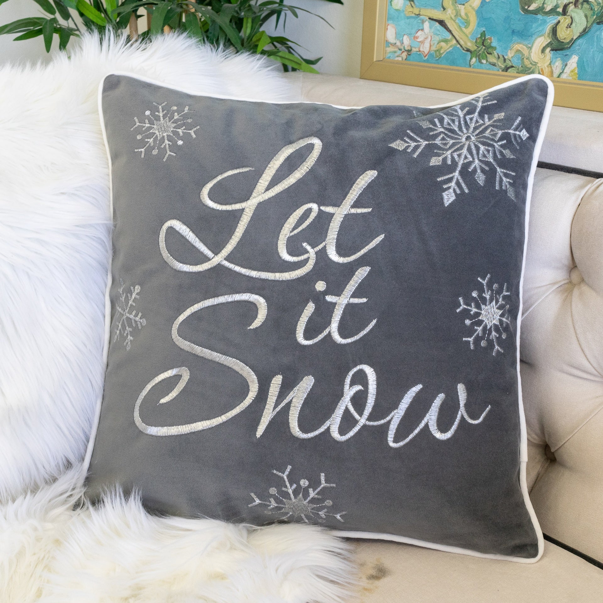 Let It Snow Embroidered Cotton Throw Pillow – 20x20" Gray Winter Accent Cushion with Insert