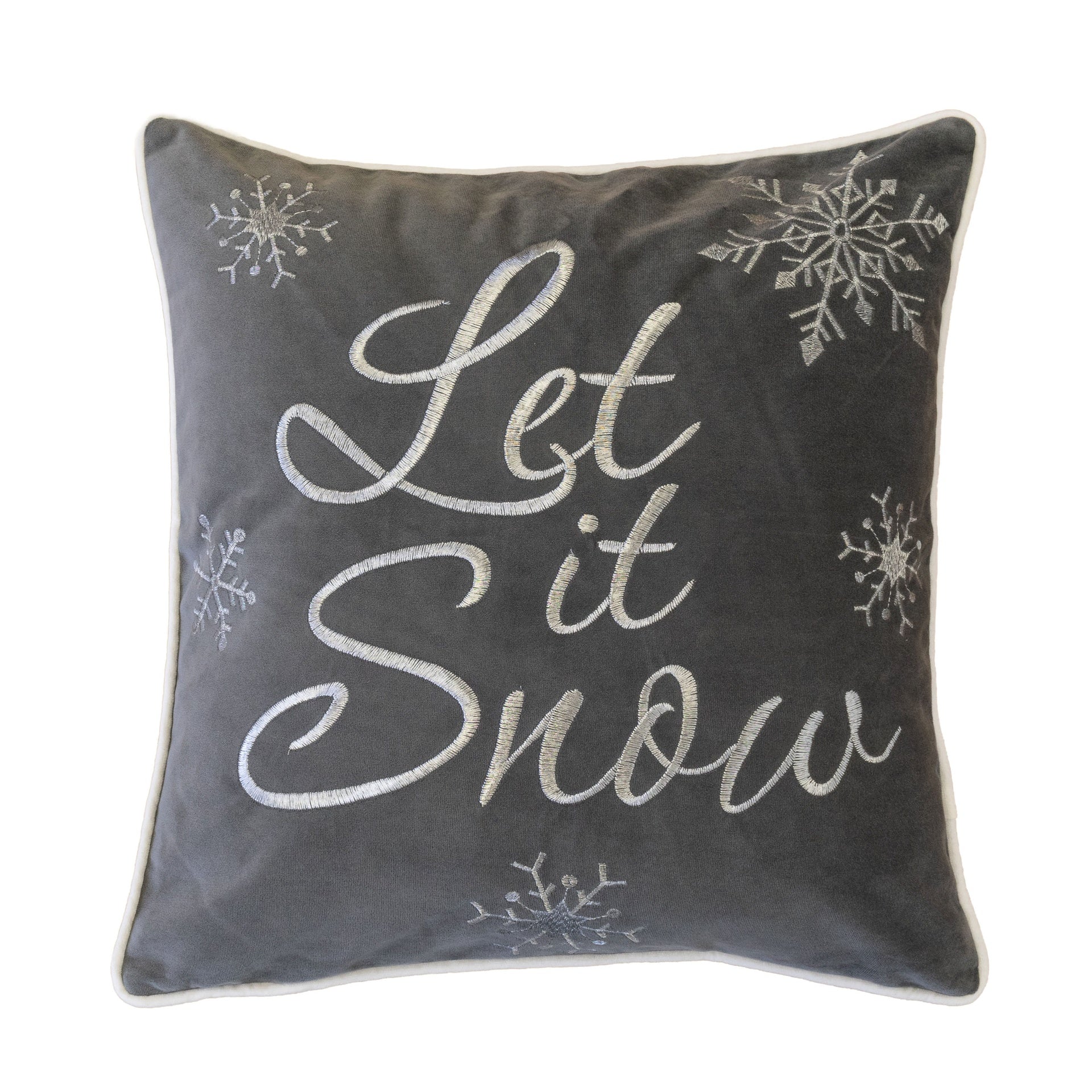 Let It Snow Embroidered Cotton Throw Pillow – 20x20" Gray Winter Accent Cushion with Insert