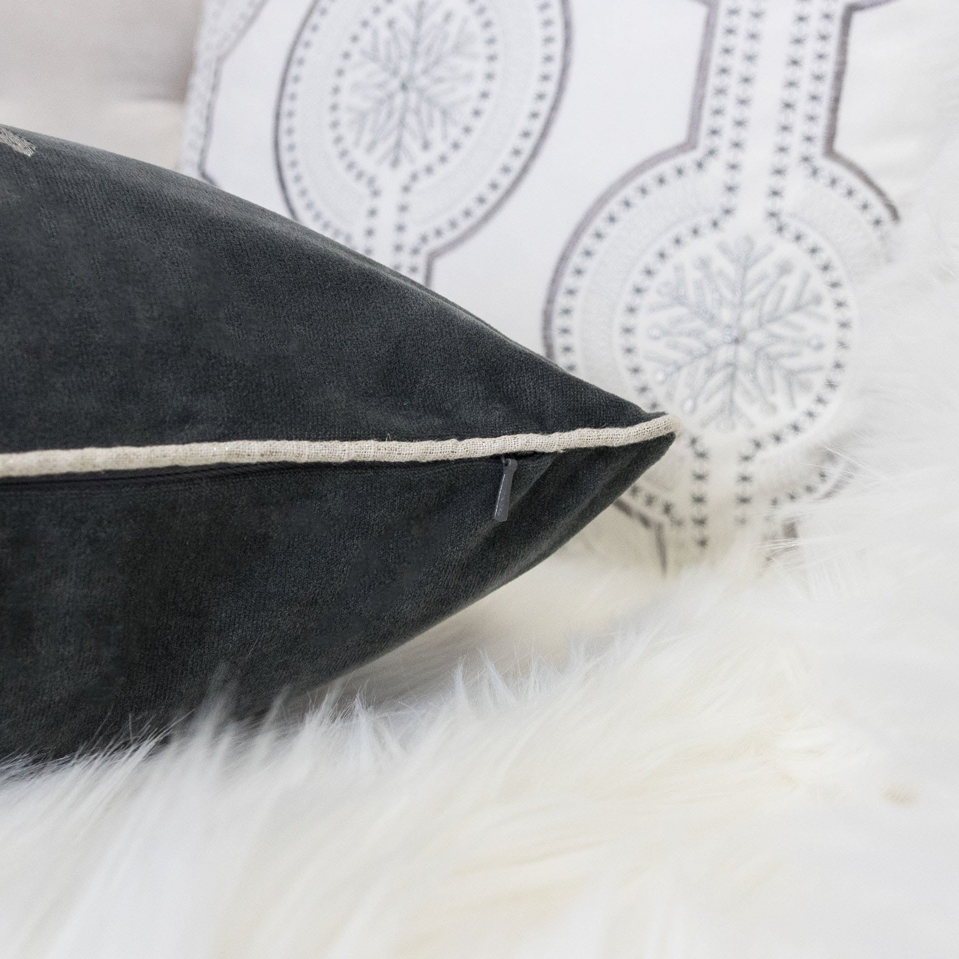 Gray Velvet Holiday Throw Pillow 20x20 with Silver Snowflake Embroidery and Insert