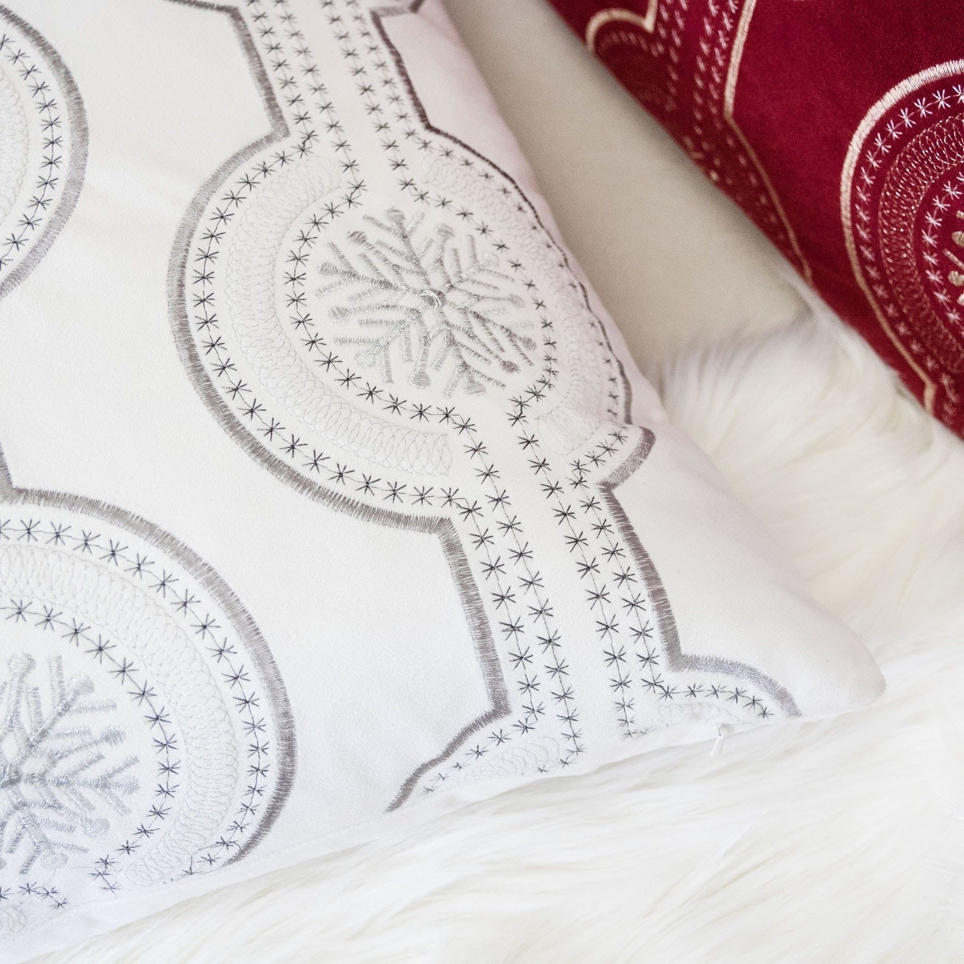 White Holiday Embroidered Velvet Throw Pillow with Insert 20x20