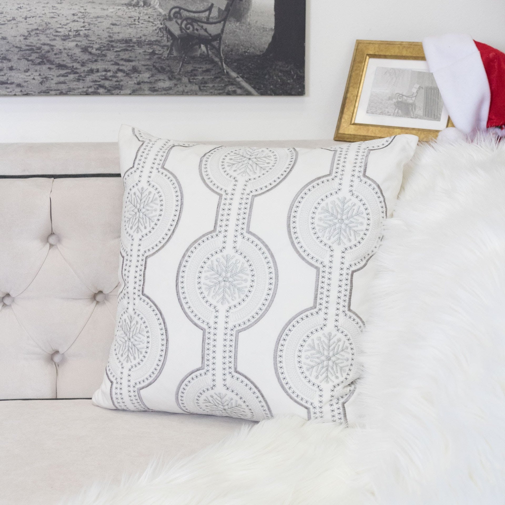 White Holiday Embroidered Velvet Throw Pillow with Insert 20x20