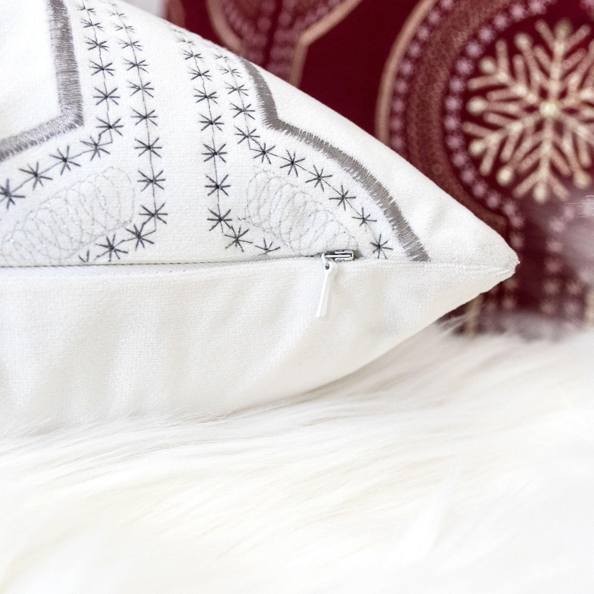 White Holiday Embroidered Velvet Throw Pillow with Insert 20x20