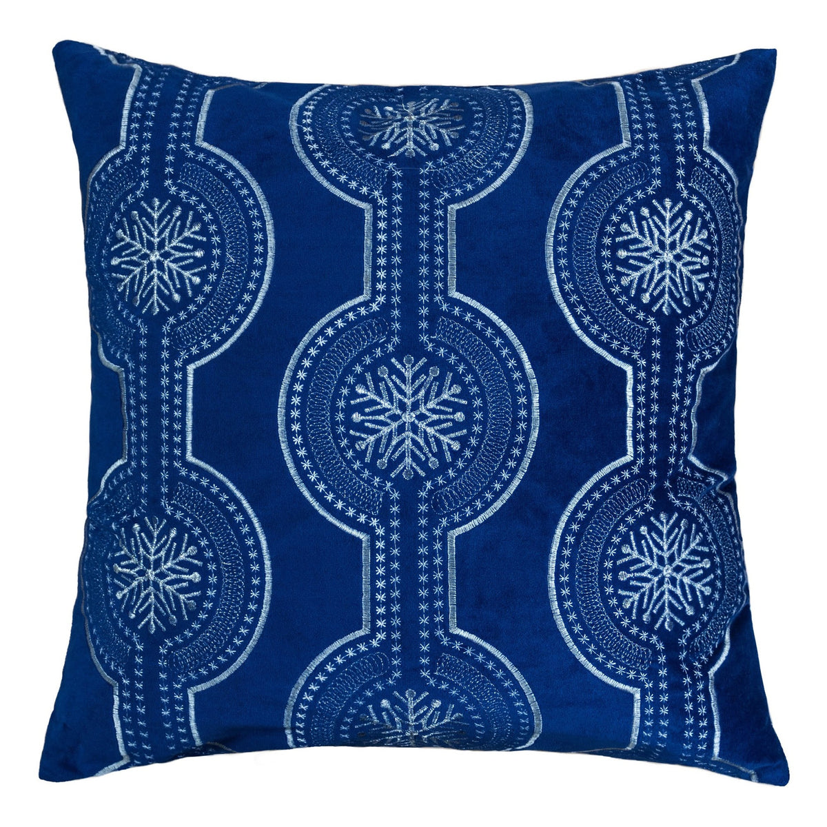Holiday Blue Velvet Throw Pillow with White Snowflake Embroidery, 20x20 with Insert