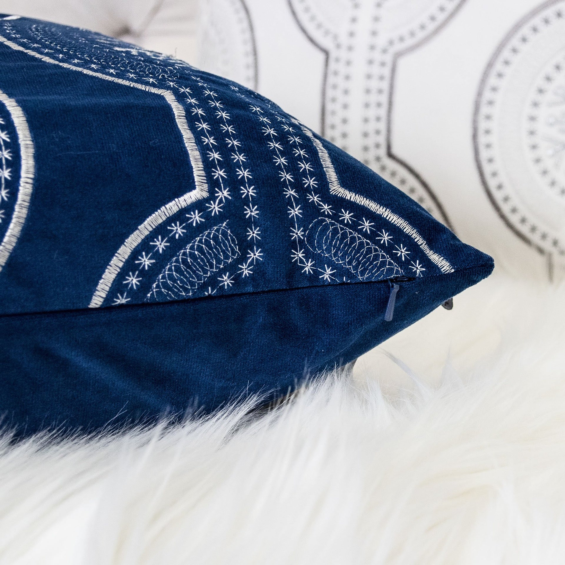 Holiday Blue Velvet Throw Pillow with White Snowflake Embroidery, 20x20 with Insert