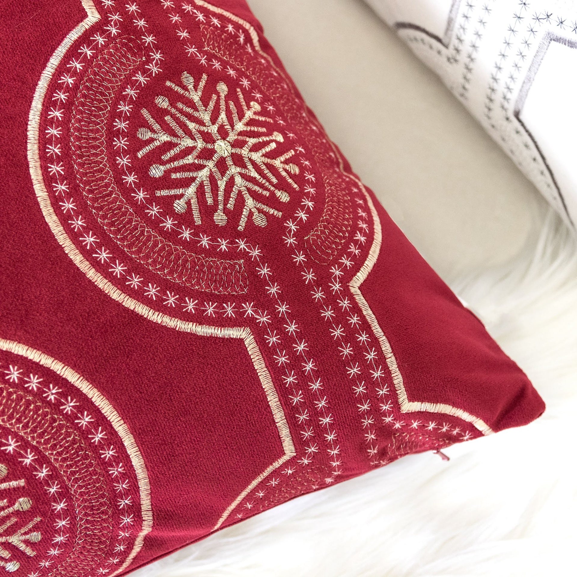 Red Holiday Embroidered Velvet Throw Pillow with Insert 20x20