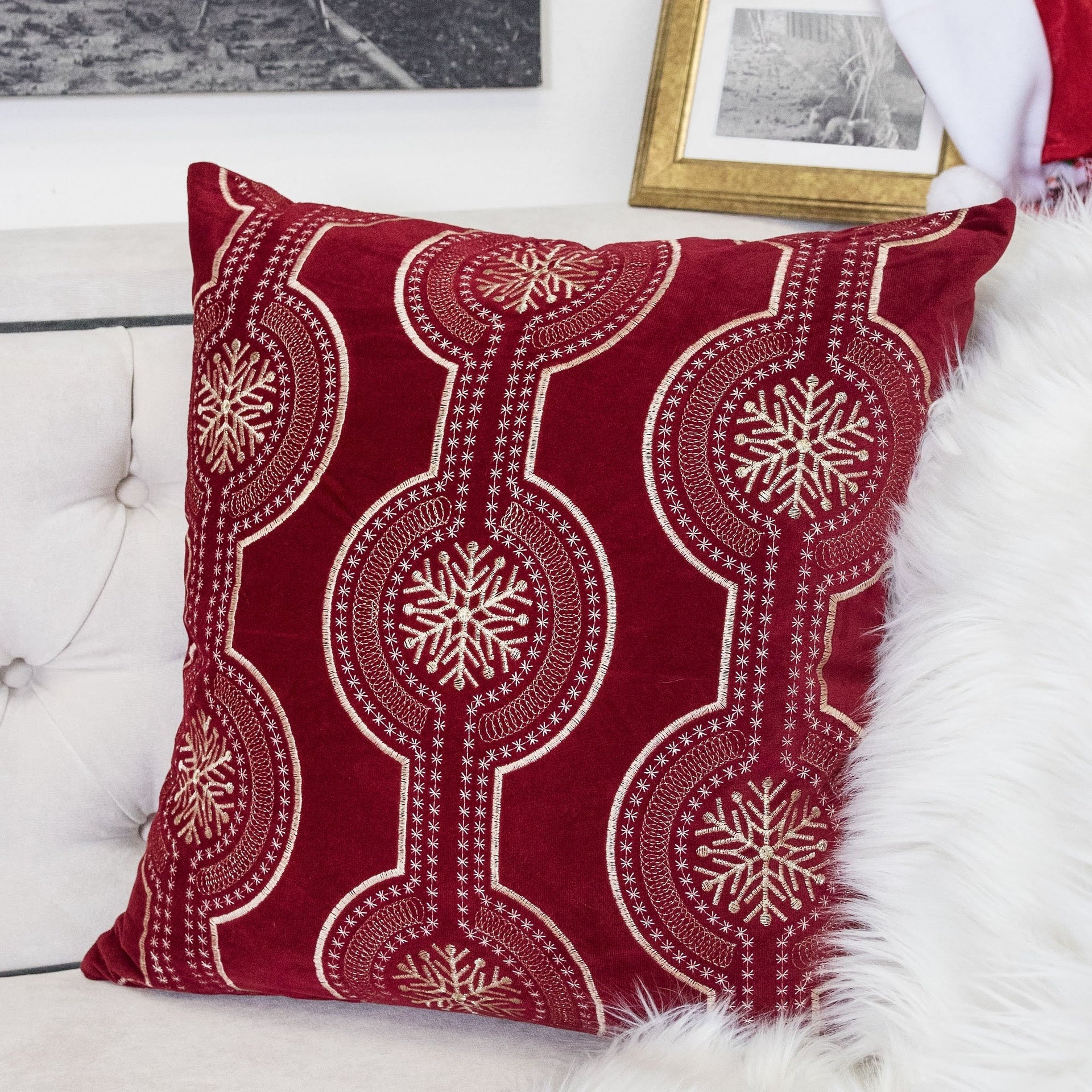 Red Holiday Embroidered Velvet Throw Pillow with Insert 20x20
