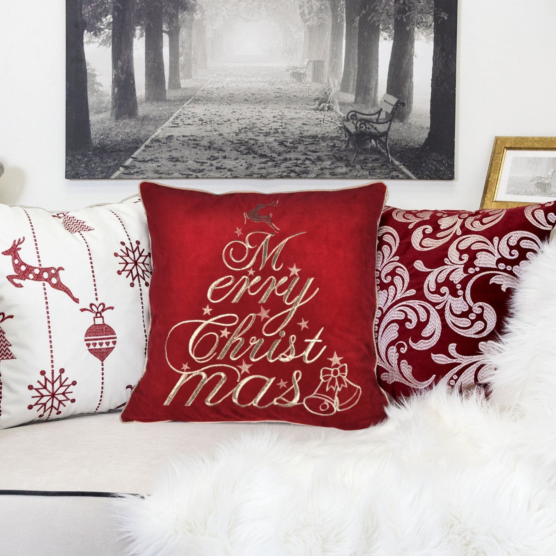 Red Velvet Christmas Throw Pillow with Merry Christmas Embroidery, 20x20 with Insert