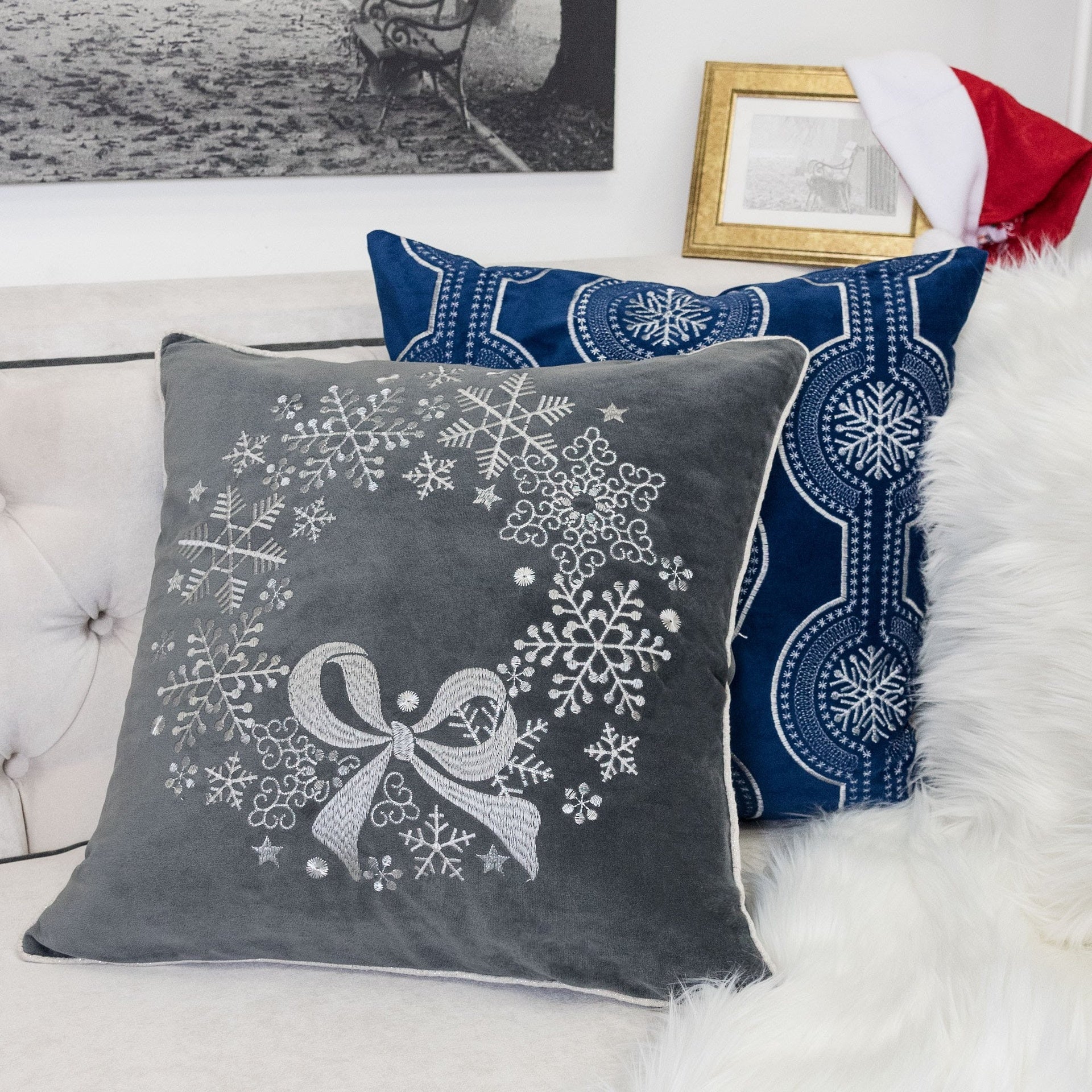 Gray Velvet Holiday Throw Pillow with Snowflake Wreath Embroidery, 20x20 with Insert