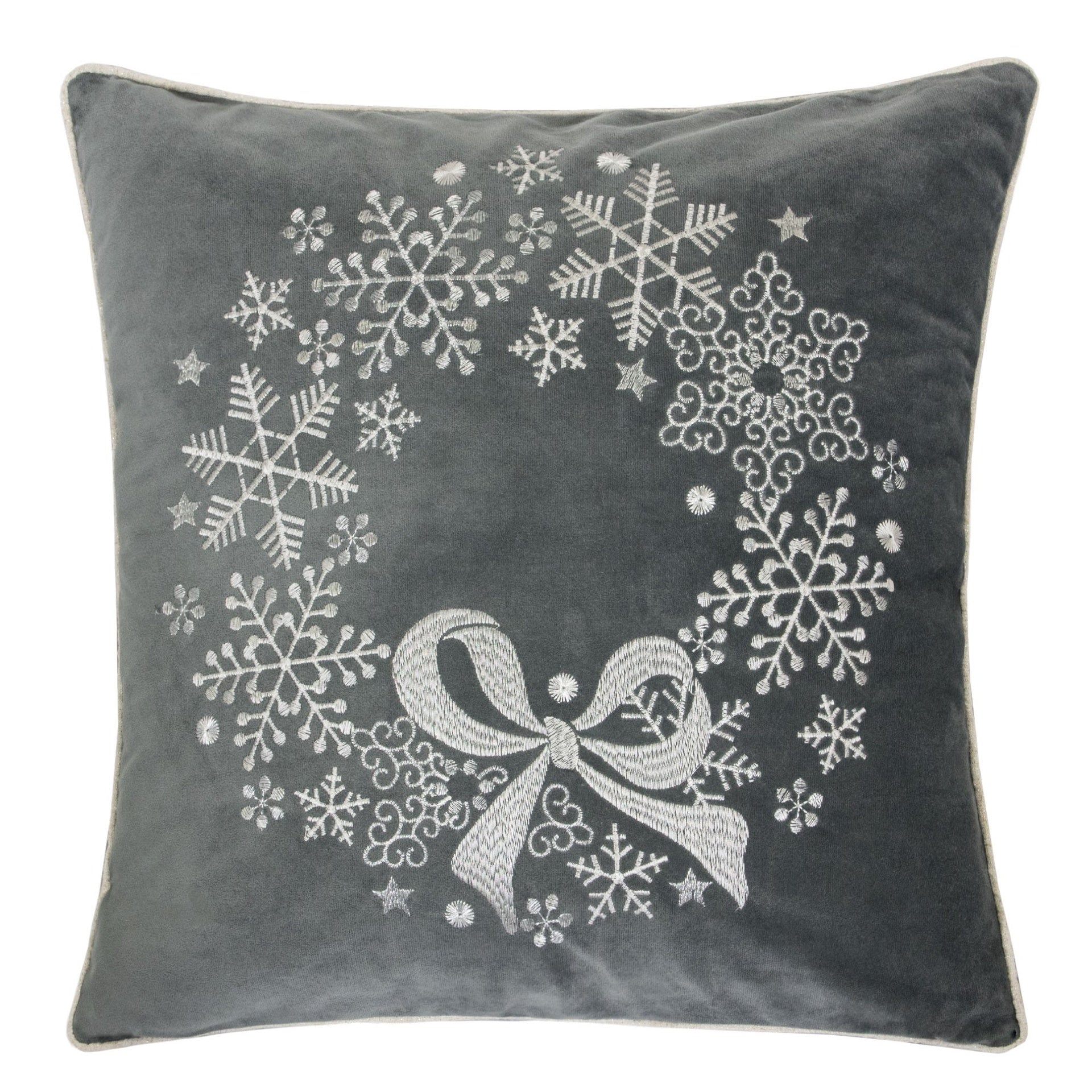 Gray Velvet Holiday Throw Pillow with Snowflake Wreath Embroidery, 20x20 with Insert Set of 2
