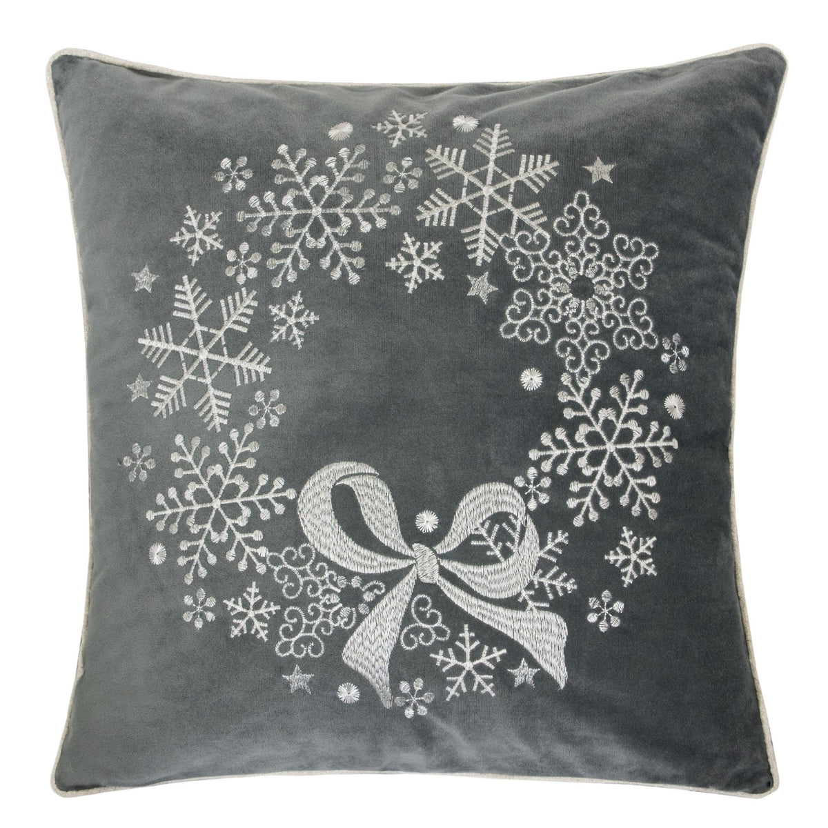 Gray Velvet Holiday Throw Pillow with Snowflake Wreath Embroidery, 20x20 with Insert Set of 2