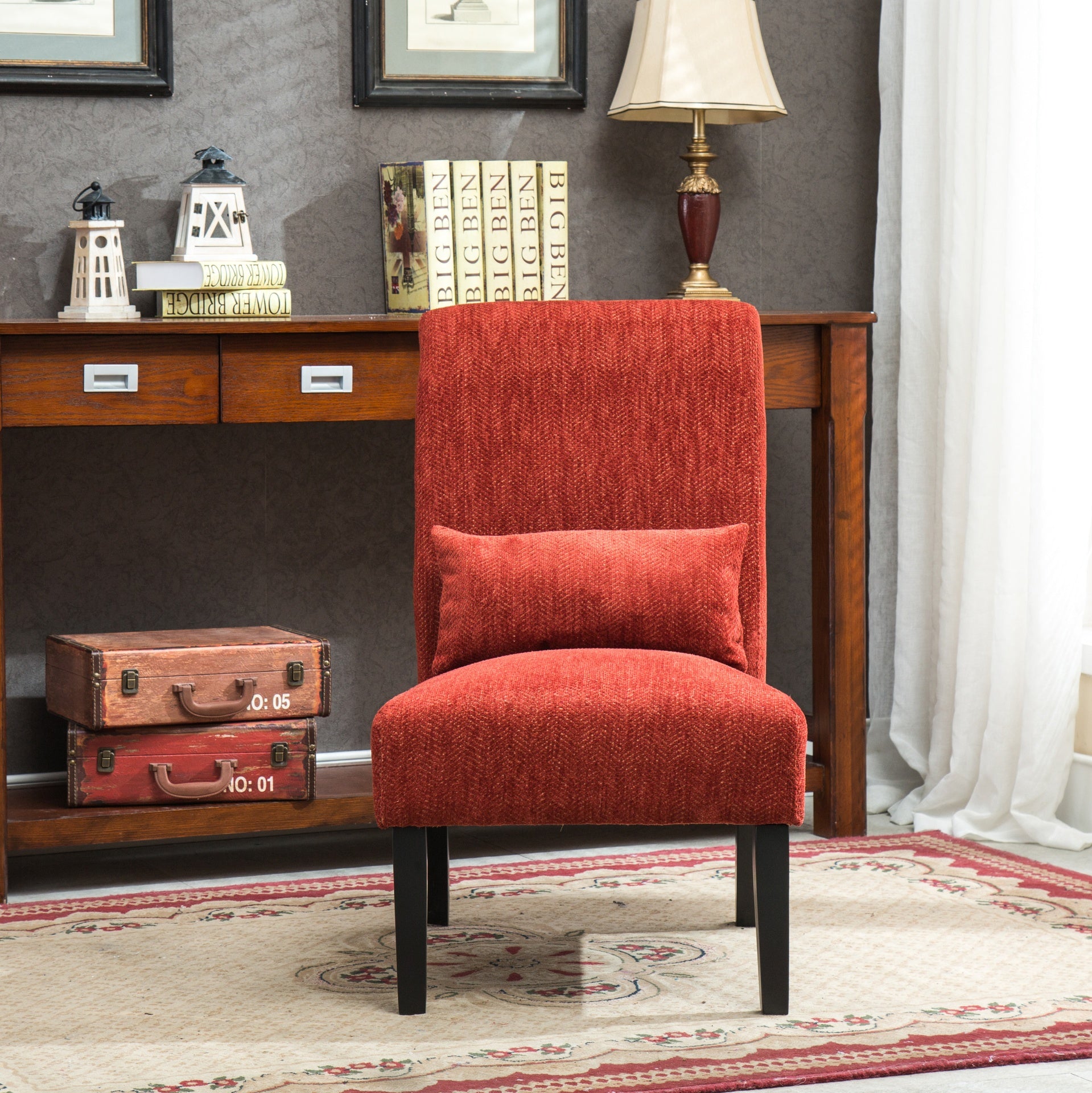 Pisano Contemporary Chenille Fabric Armless Accent Chair with Pillow, Red