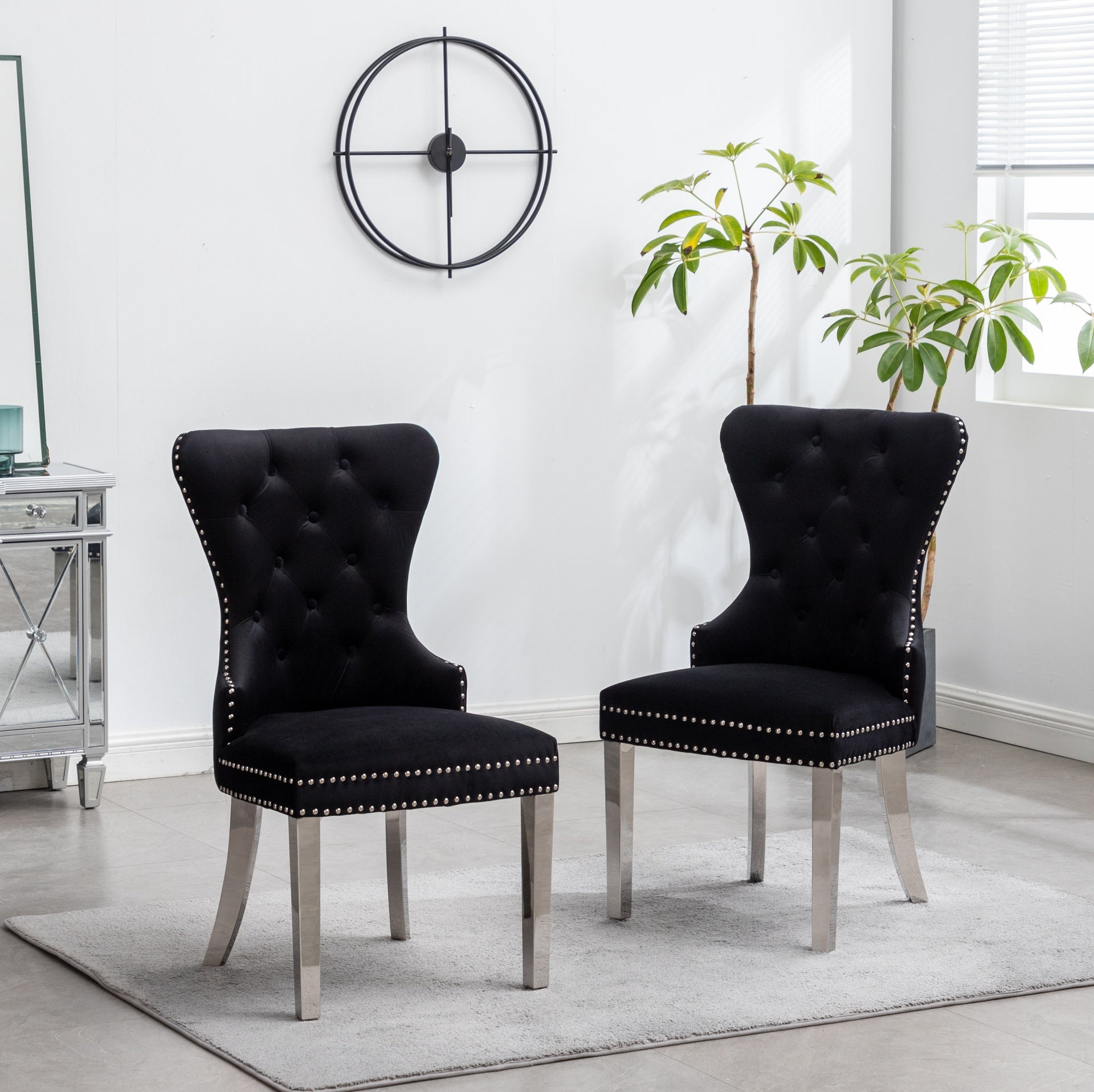 Montura Contemporary Tufted Velvet Chair with Nailhead Trim, Set of 2, Black
