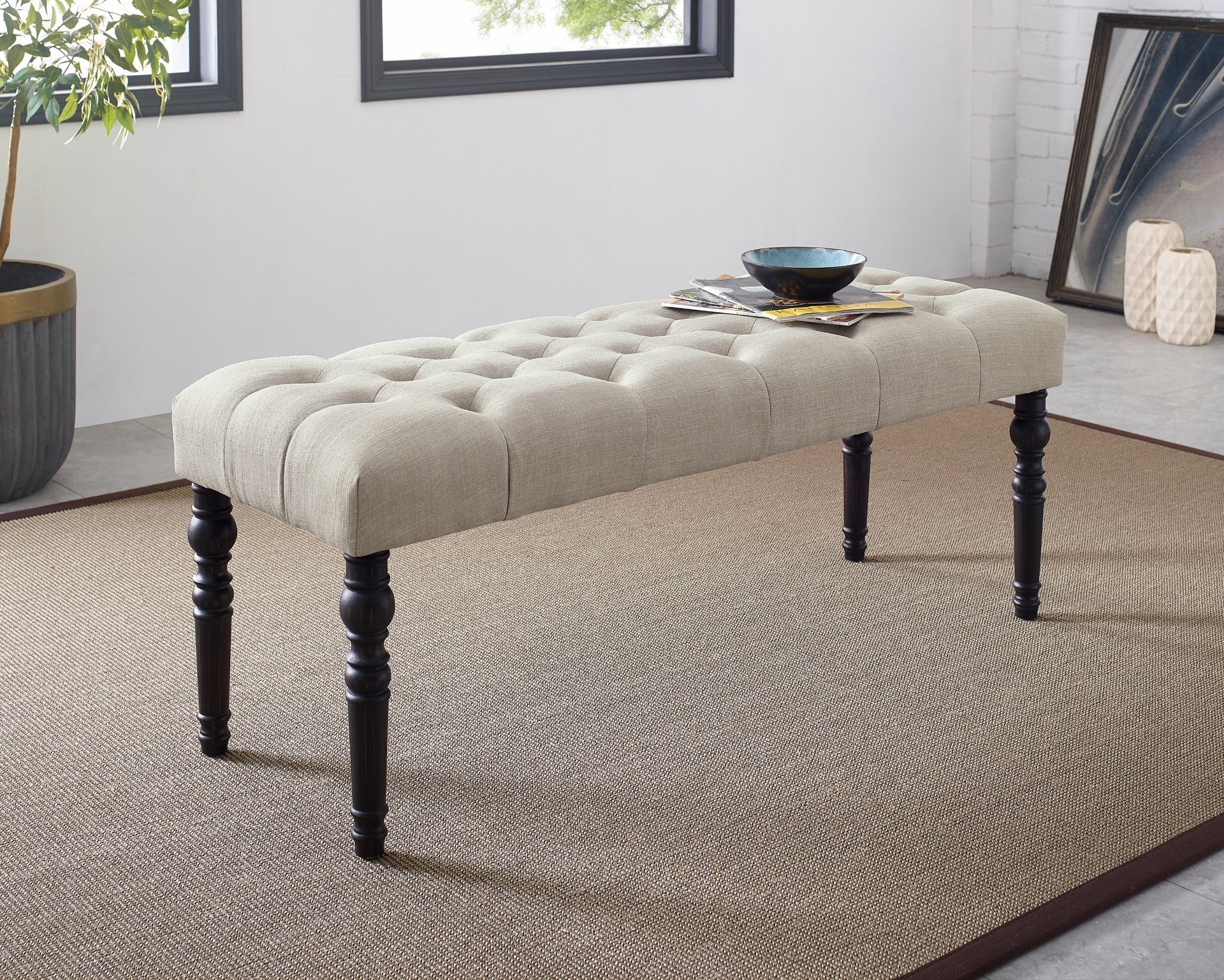 Leviton Fabric Tufted Turned Leg  Dining Bench, Tan