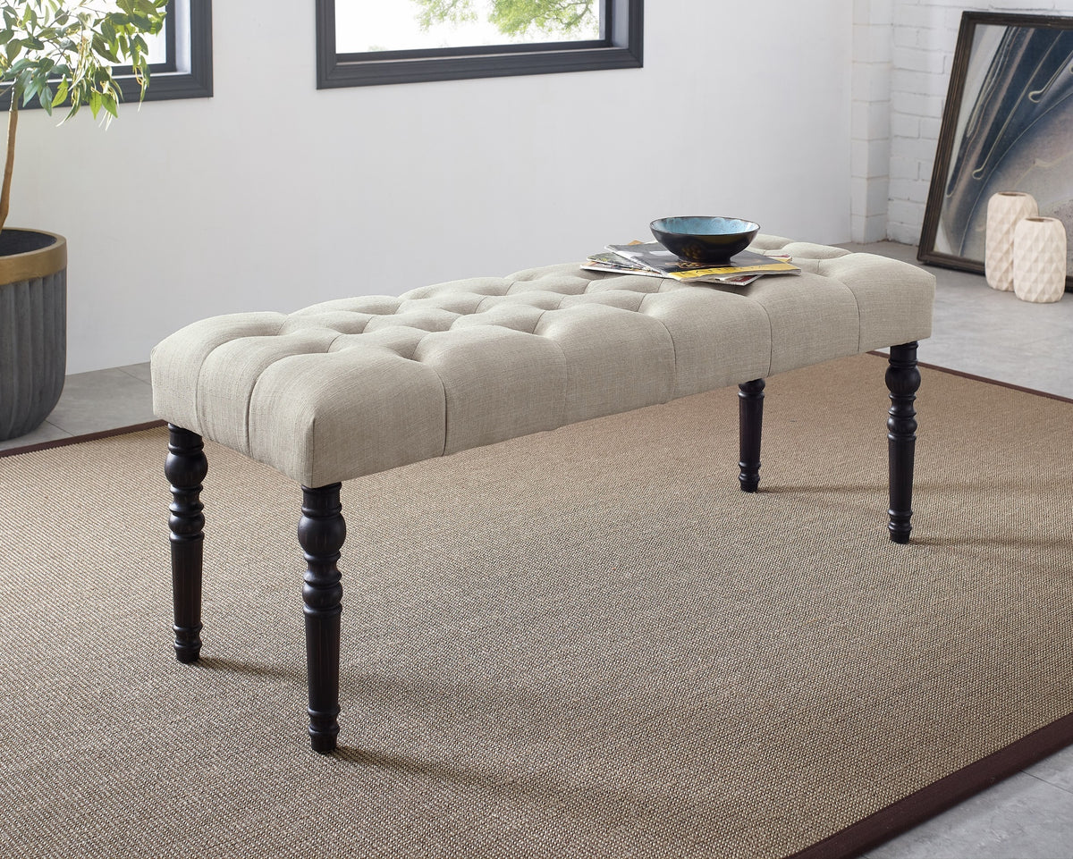 Leviton Fabric Tufted Turned Leg  Dining Bench, Tan