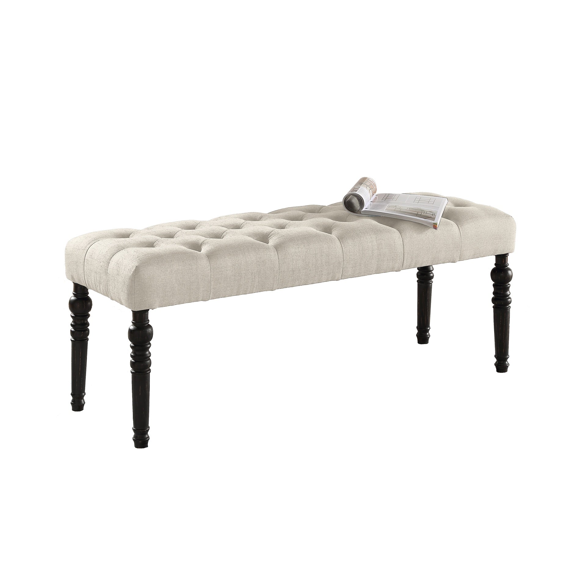 Leviton Fabric Tufted Turned Leg  Dining Bench, Tan