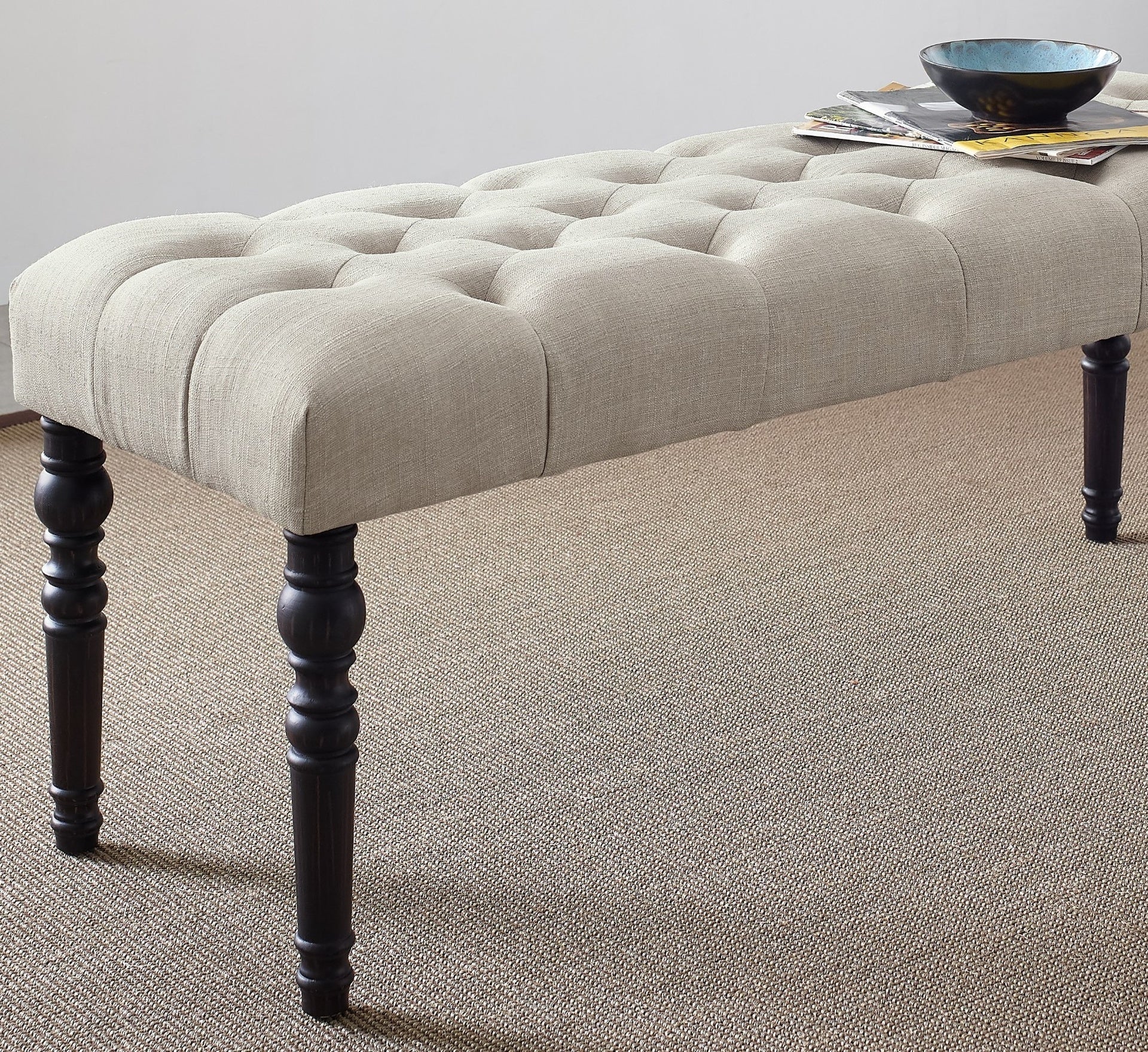 Leviton Fabric Tufted Turned Leg  Dining Bench, Tan