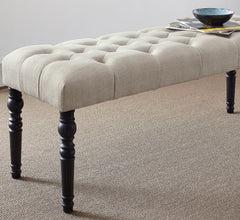 Leviton Fabric Tufted Turned Leg  Dining Bench, Tan