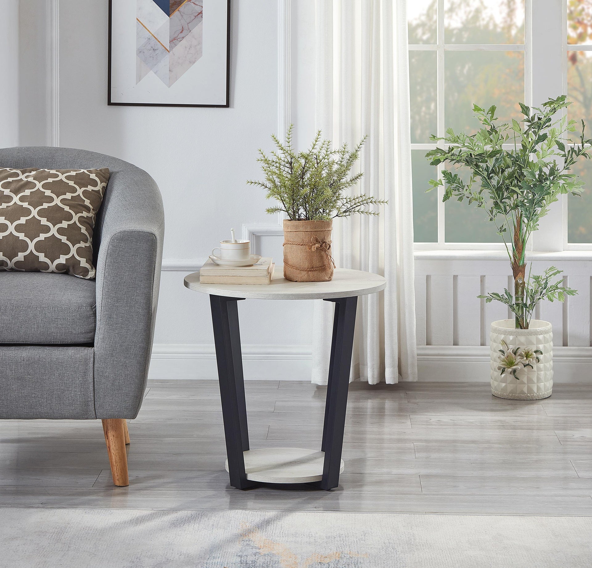 Elysian Contemporary Round End Table with Shelf, Off-White