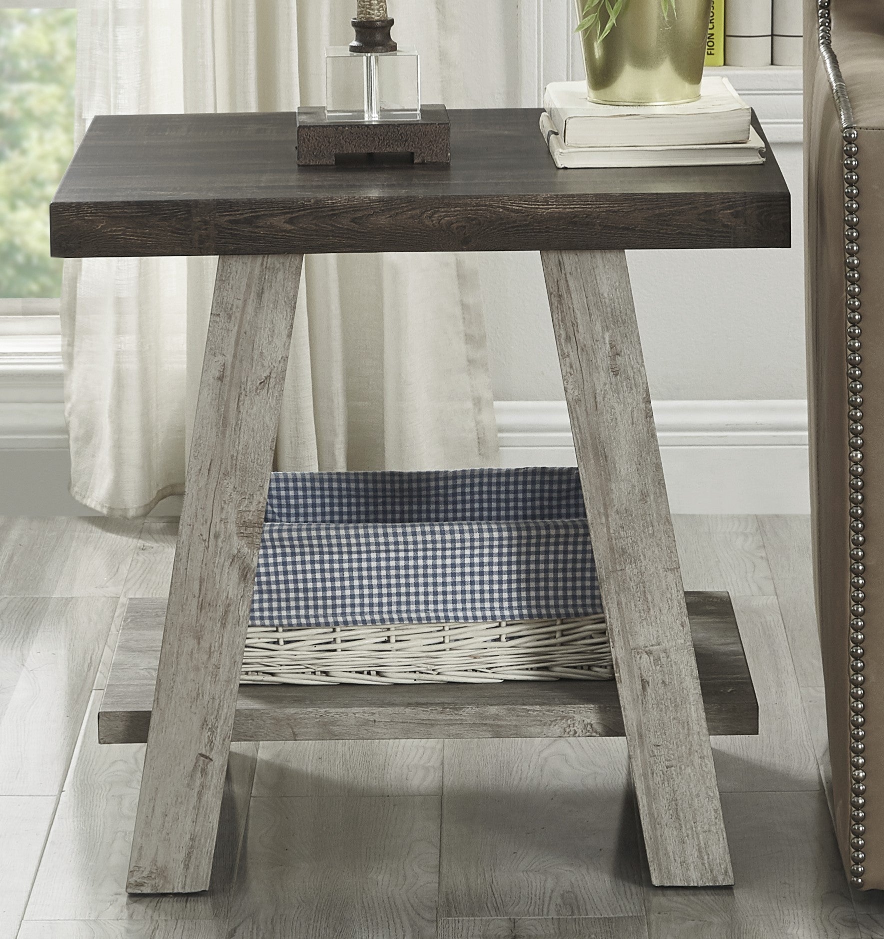 Athens Contemporary Two-Tone Wood Shelf End Table in Weathered Walnut and Gray