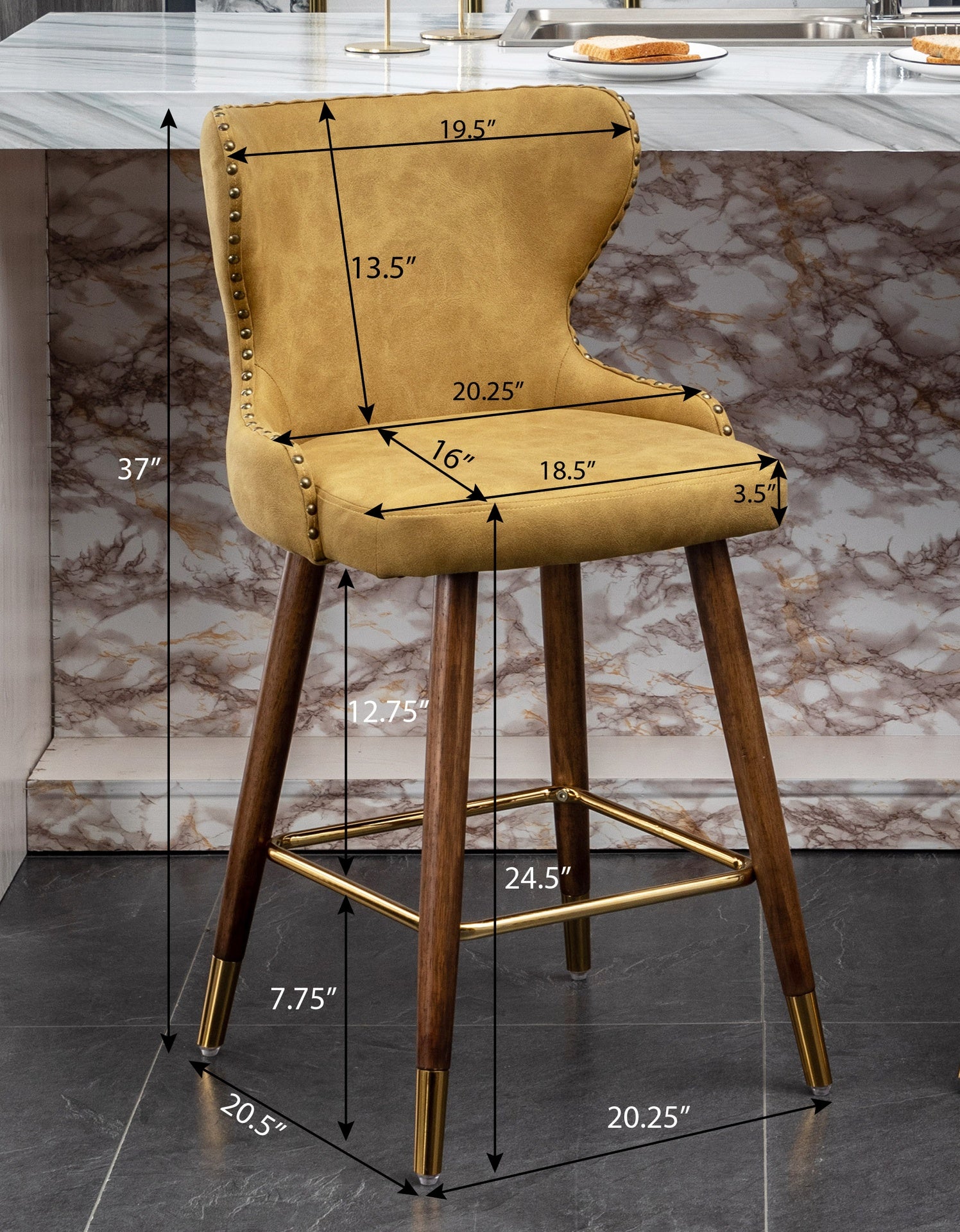 Nevis Mid-century Modern Faux Leather Tufted Nailhead Trim Counter Stool Set of 2, Yellow