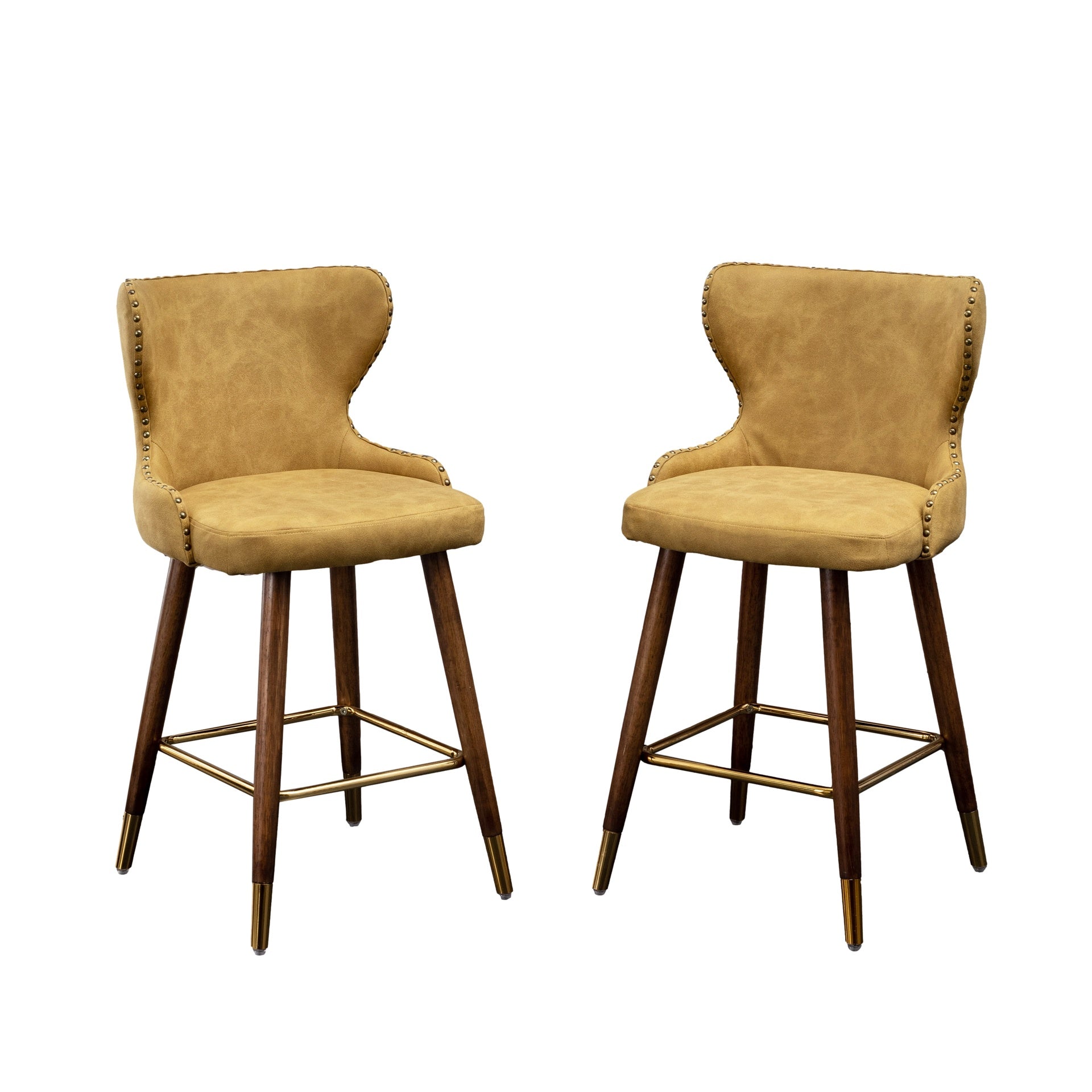 Nevis Mid-century Modern Faux Leather Tufted Nailhead Trim Counter Stool Set of 2, Yellow