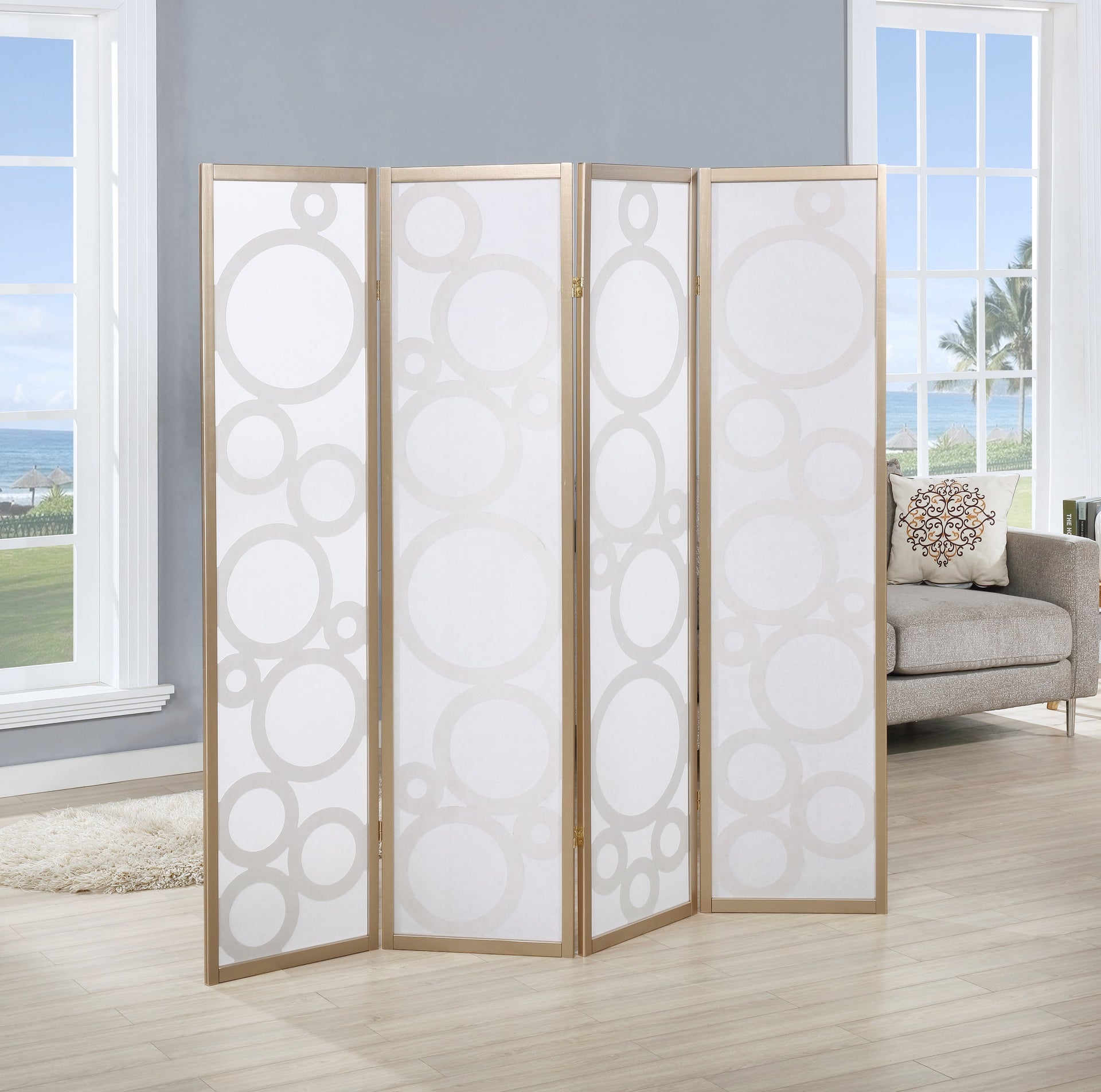 Arvada 4-Panel Wood Room Divider with Circle Pattern, Gold