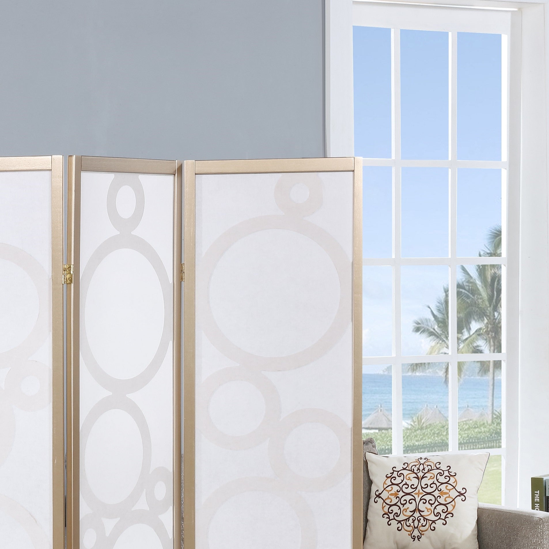 Arvada 4-Panel Wood Room Divider with Circle Pattern, Gold