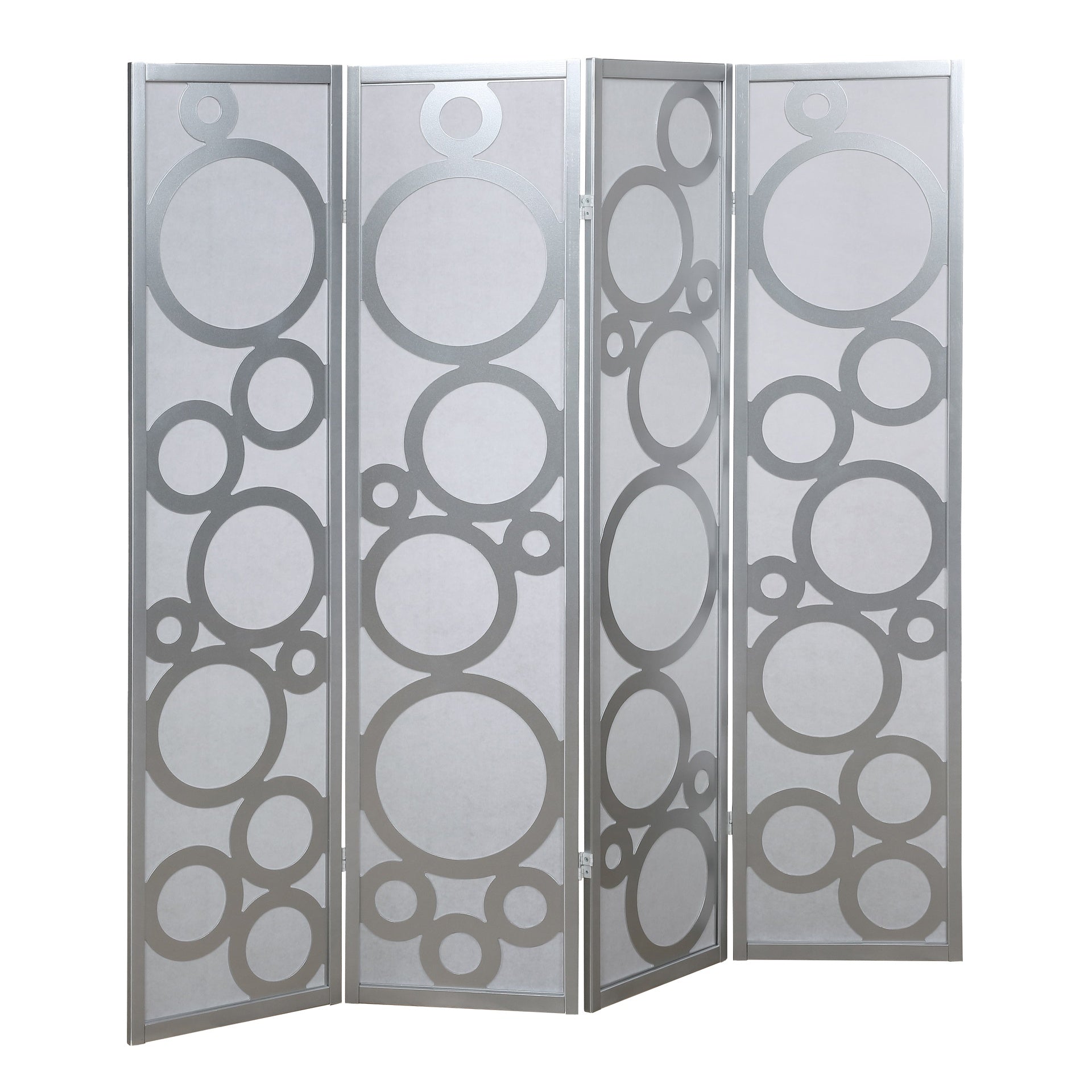 Arvada 4-Panel Wood Room Divider with Circle Pattern, Silver