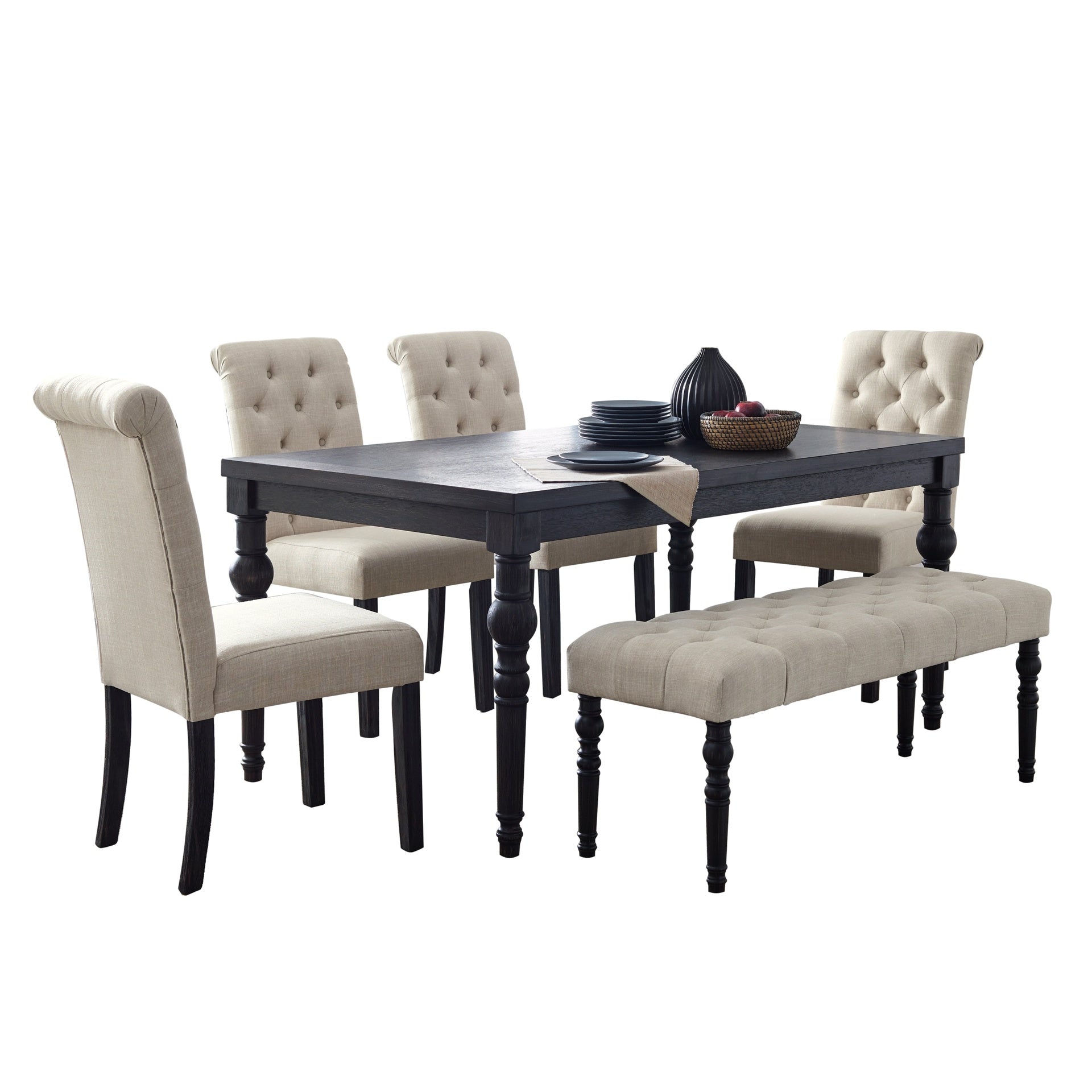 Leviton Urban Style Dark Wash Wood Dining Set: Table, 4 Chairs and Bench