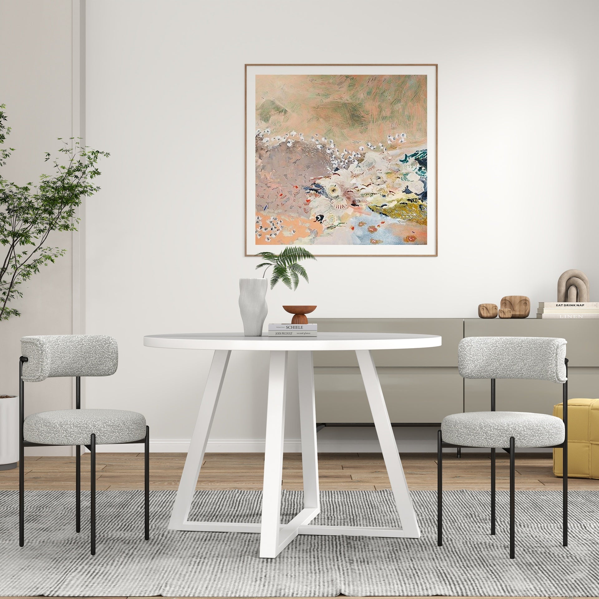 Durban 3-Piece Round Dining Set, Trestle Dining Table with 2 Boucle Chairs