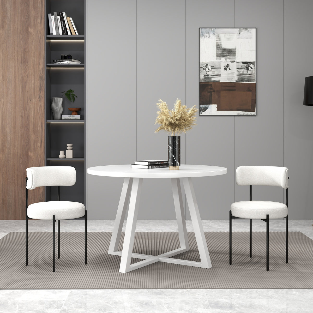 Durban 3-Piece Round Dining Set, Trestle Dining Table with 2 Boucle Chairs