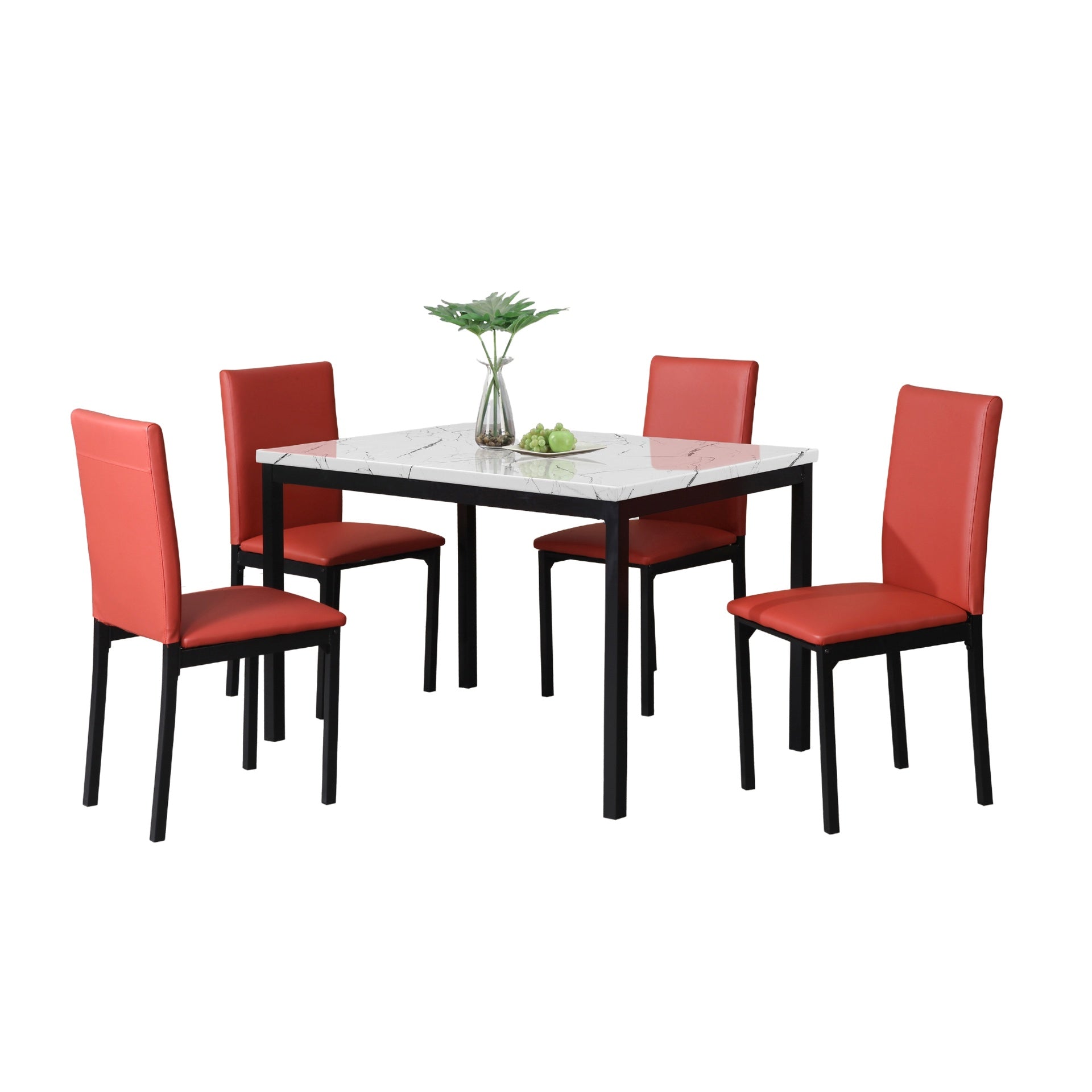 Citico Metal Dinette Set with Laminated Faux Marble Top, White Table with Red Chairs, 5-Piece