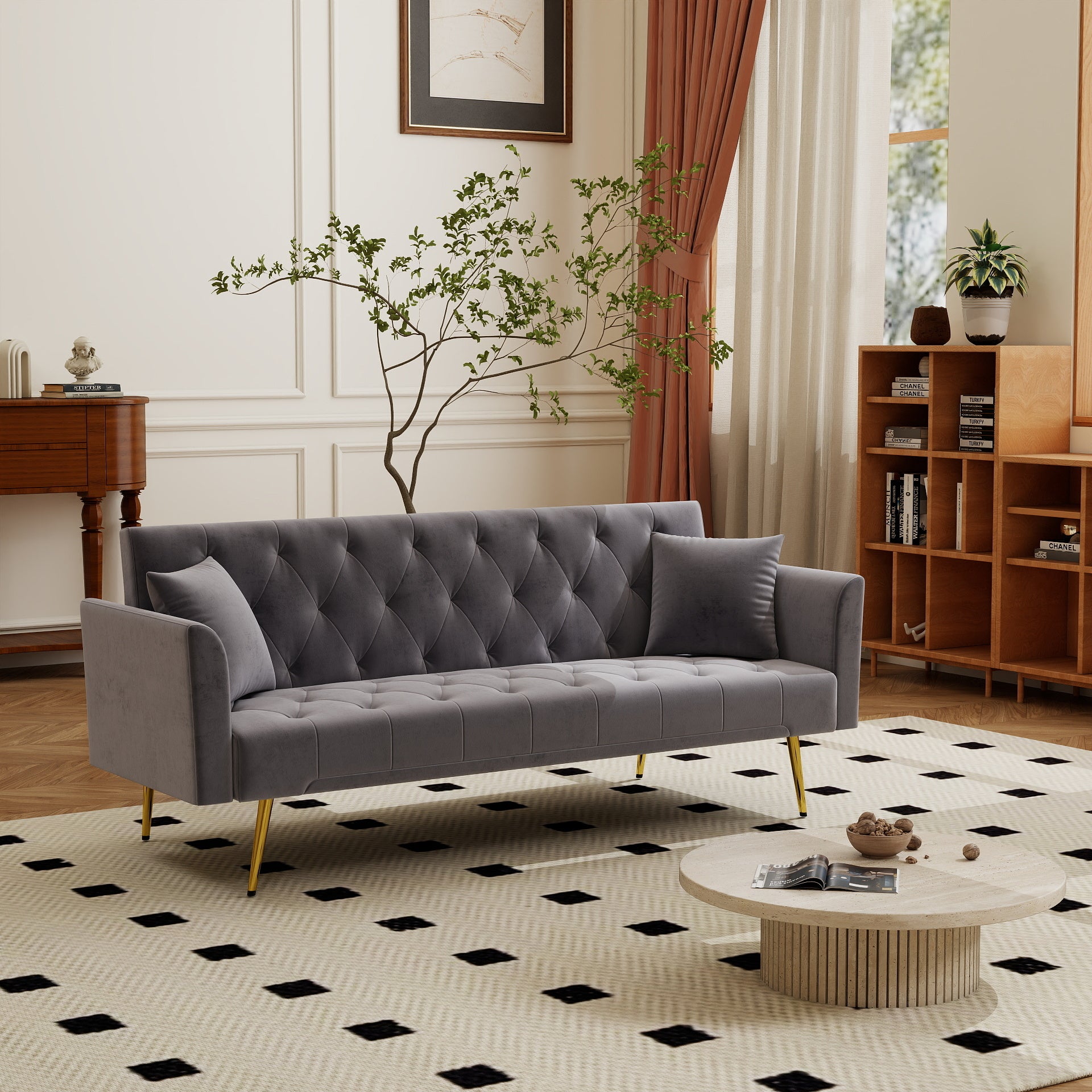 Modern convertible 72 inch foldable sleeper sofa with tufted, American retro style, made of gray velvet material, suitable for small living rooms, bedrooms and offices. gray color
