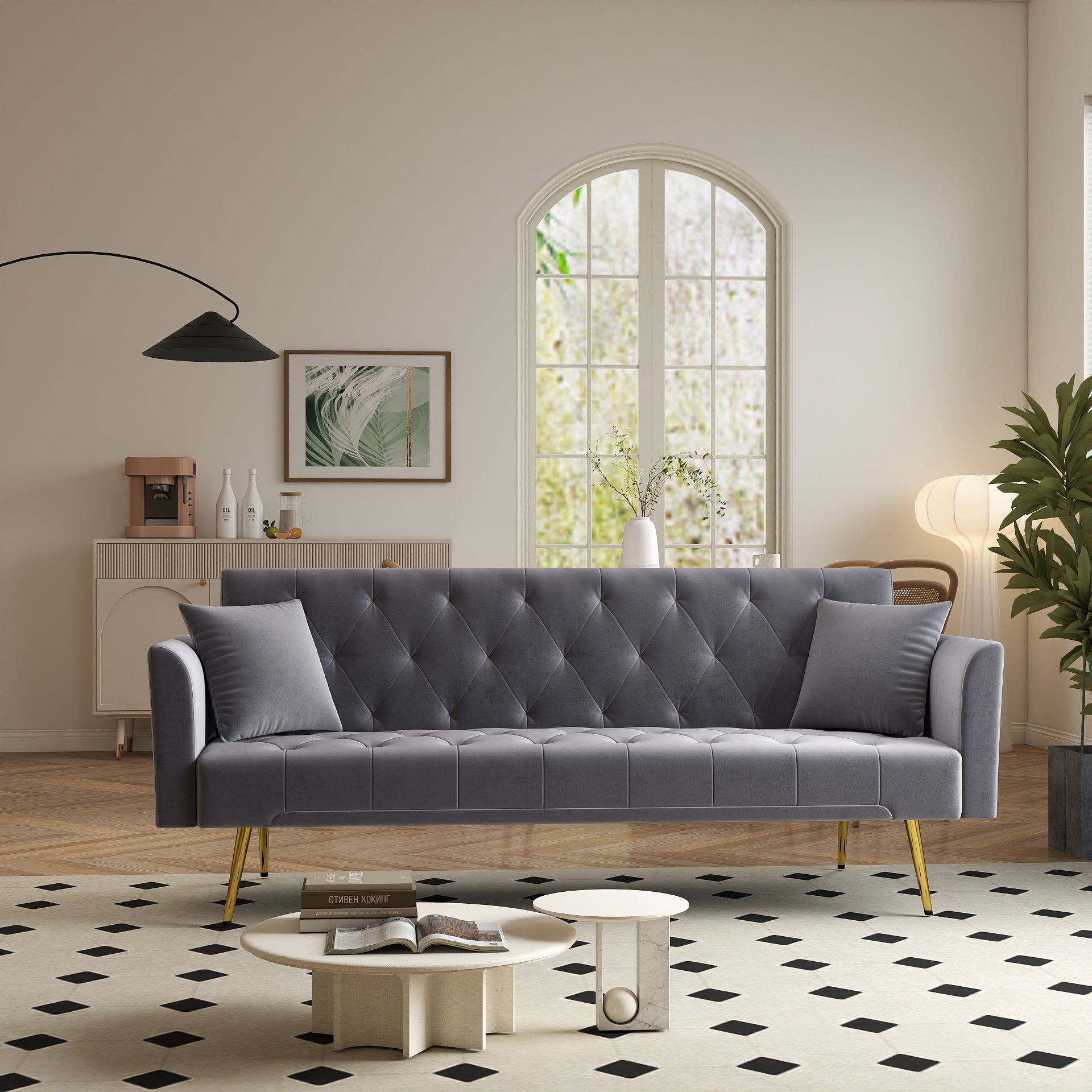 Modern convertible 72 inch foldable sleeper sofa with tufted, American retro style, made of gray velvet material, suitable for small living rooms, bedrooms and offices. gray color