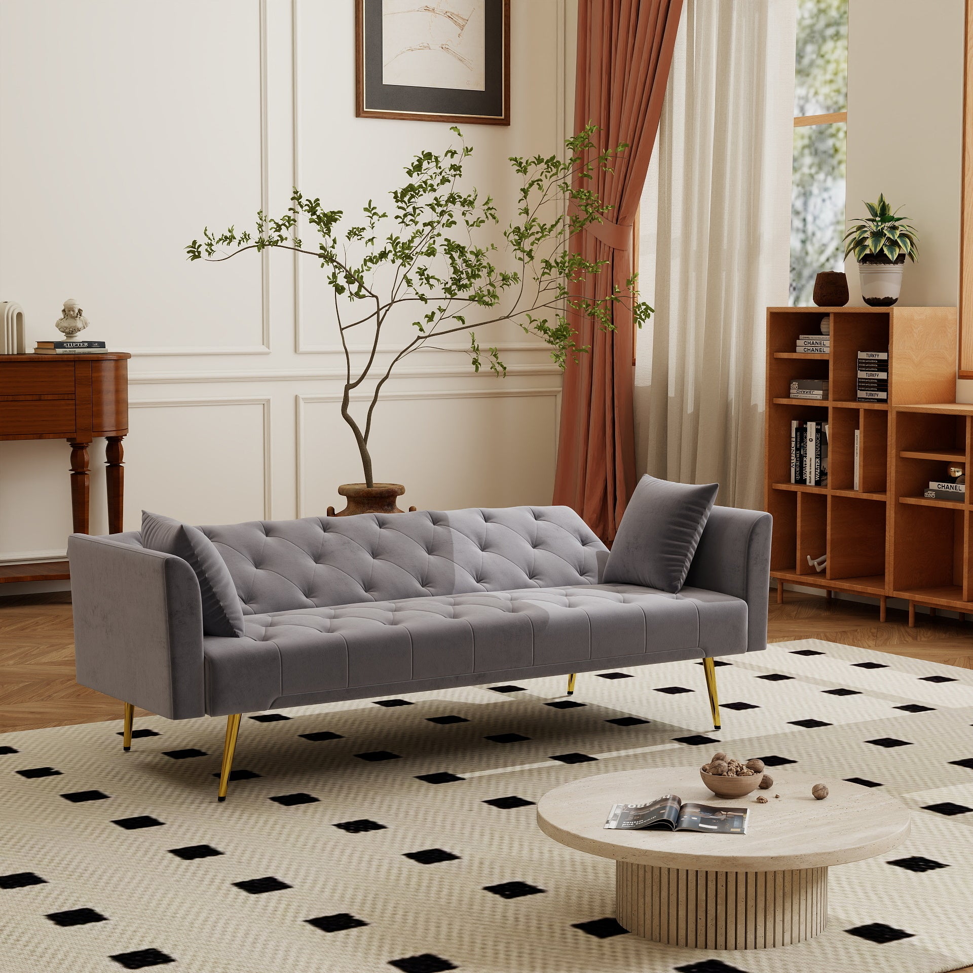 Modern convertible 72 inch foldable sleeper sofa with tufted, American retro style, made of gray velvet material, suitable for small living rooms, bedrooms and offices. gray color