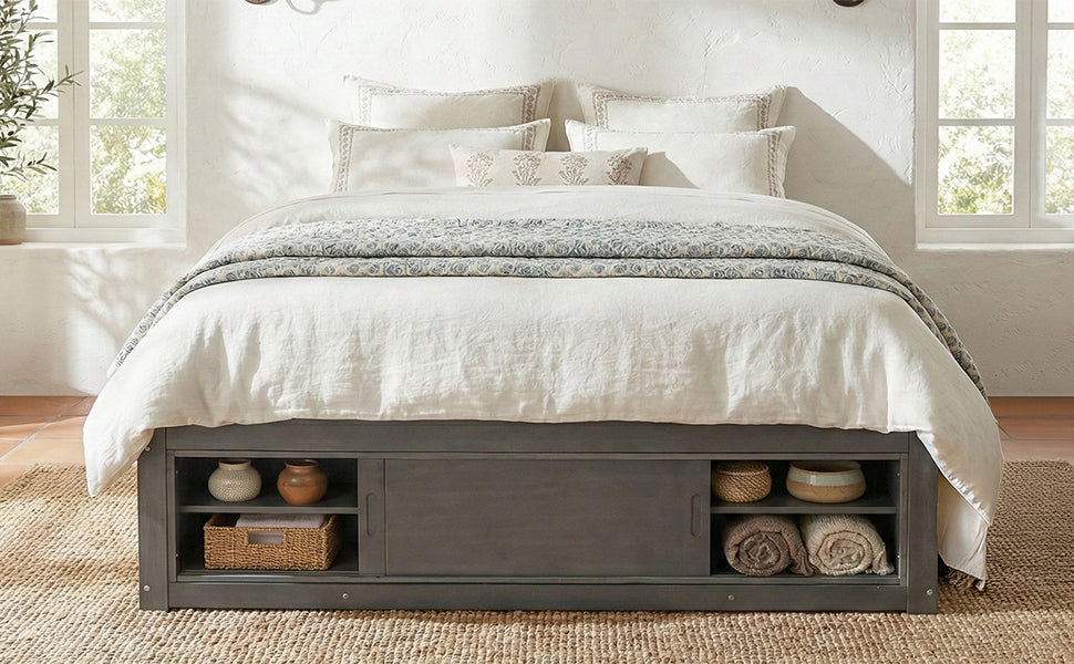 Queen Size Platform Bed Frame with 4 Storage Drawers and Footboard Storage Cubby, No Headboard, Modern Space-Saving Design-Antique Gray