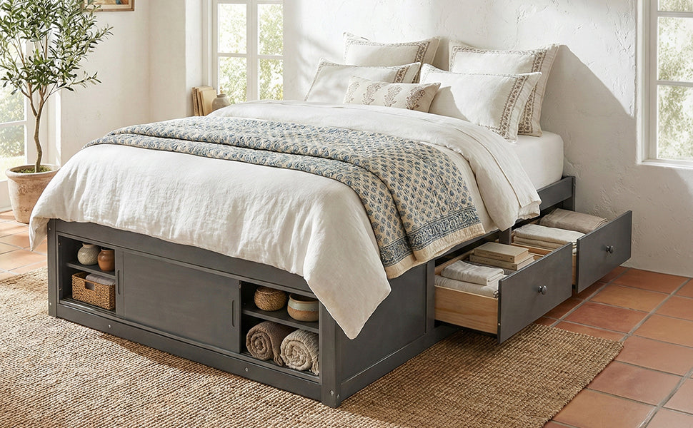 Queen Size Platform Bed Frame with 4 Storage Drawers and Footboard Storage Cubby, No Headboard, Modern Space-Saving Design-Antique Gray