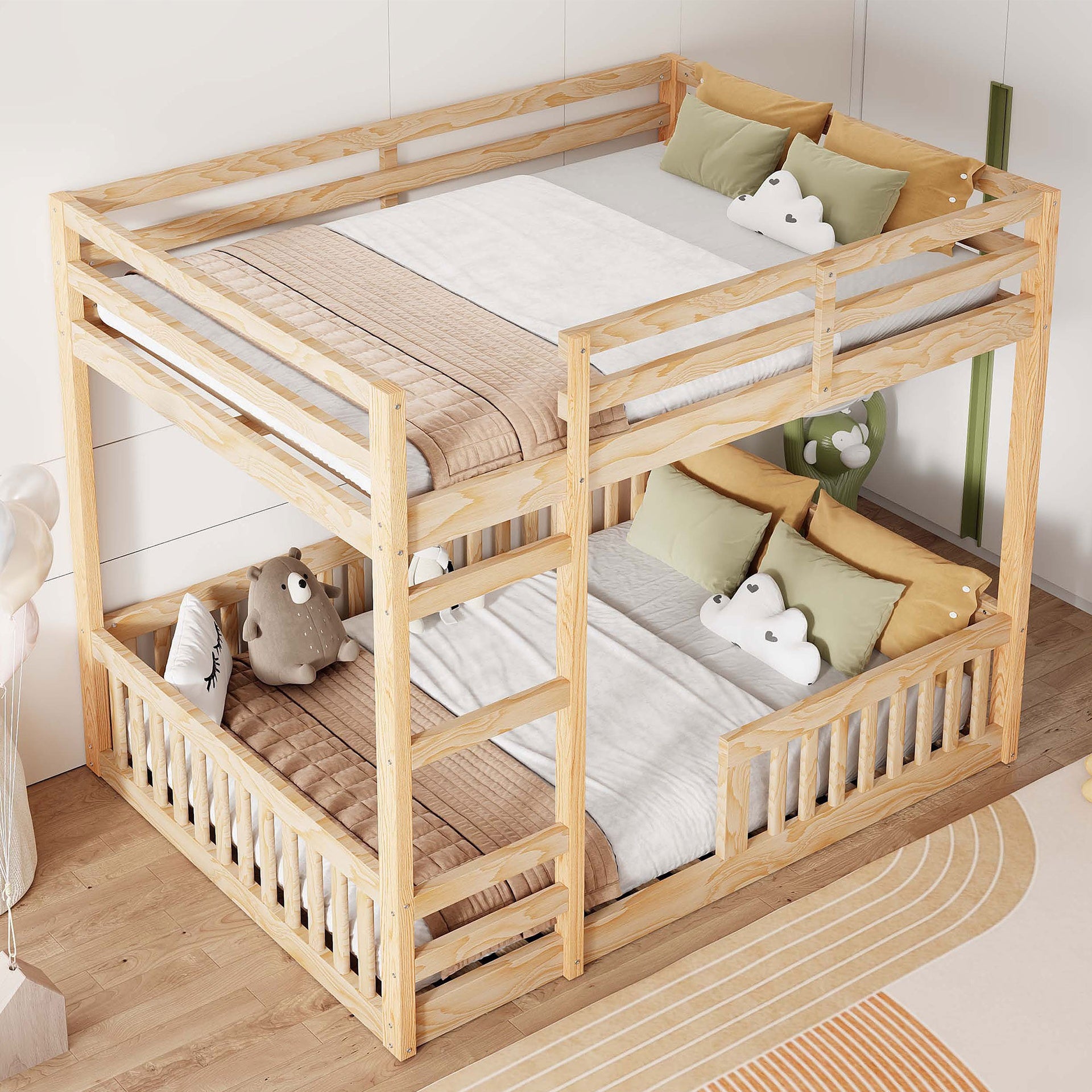 Full over Full Wood Bunk Bed with Ladder and Guardrails, Natural