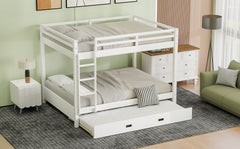Wood Queen Size Bunk Bed with Ladder and Trundle, White